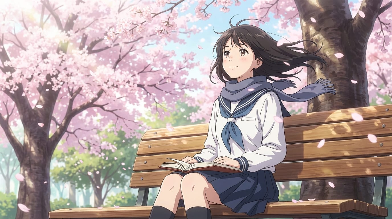 桜の花びらが舞い散る公園で、ベンチに座って読書をしている制服姿の少女。風で髪が揺れ、ゆっくりと本から顔を上げて空を見上げる。アニメ調表現、高品質。