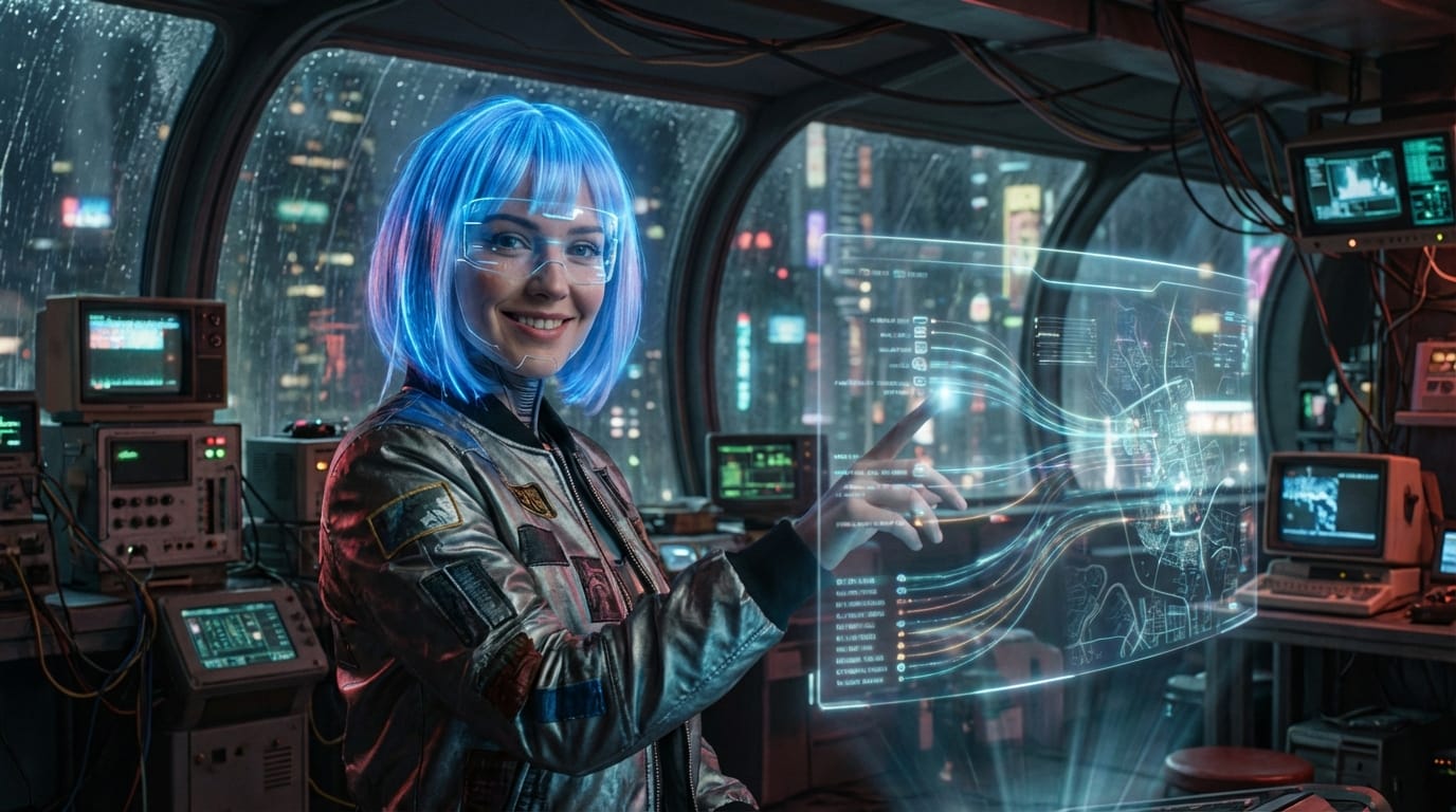 A cinematic shot of a female AI assistant in a futuristic cyberpunk studio, interacting with a holographic display and smiling at the camera, smooth motion, highly detailed.