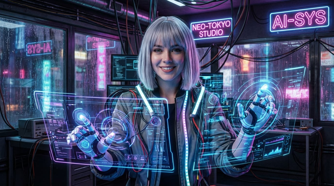 近未来的なサイバーパンク風のスタジオで、ホログラムのディスプレイを操作しながらカメラに向かって微笑むAIアシスタントの女性。滑らかな動き、1080p、シネマティックライティング。