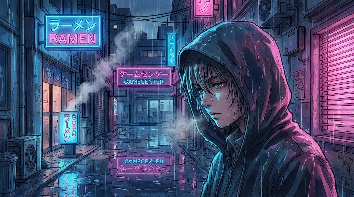 夜の路地裏、ネオンサインの青とピンクの光、雨上がりの水たまりの反射、キャラクターの顔に落ちるドラマチックな影、繊細で緻密なアニメ調表現 --niji 7 --ar 16:9 --iw 1.5