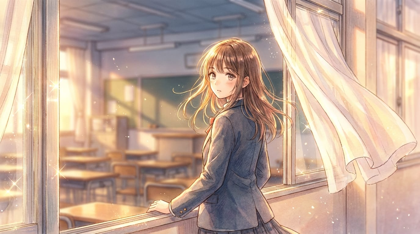 繊細なアニメ調表現、夕暮れの教室で窓際で振り返る女子高生、風に揺れるカーテン、ノスタルジックな雰囲気、光の反射などのエッジがクリア、手描き感のあるリッチな画風、被写界深度（ボケ量）の浅い構図 --niji 7 --ar 16:9