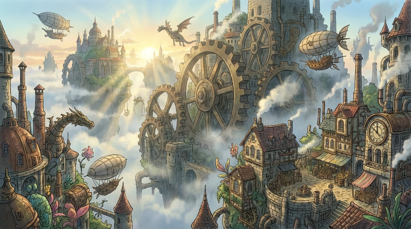 ファンタジー世界、巨大な歯車が回る空中都市、朝霧に包まれた街並み、蒸気と光の反射、背景の小道具が緻密に描かれたアニメーション映画のワンシーン、広角レンズ、手描き感のあるリッチな画風 --niji 7 --ar 16:9