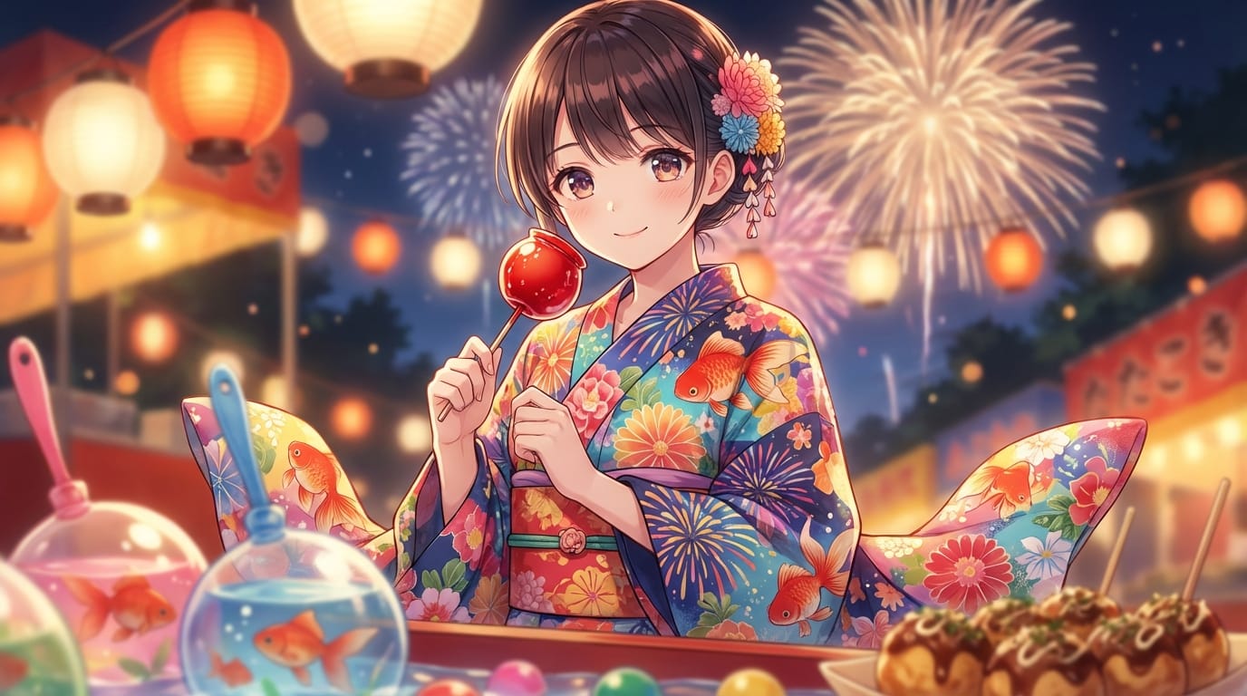 夏の夜の縁日で、色鮮やかな浴衣を着てりんご飴を持っている可愛らしい少女。背景にはぼやけた提灯の光と打ち上げ花火。手前のオブジェクトを使った前ボケ、繊細なアニメ調表現、リッチな色彩 --ar 1:1 --niji 6