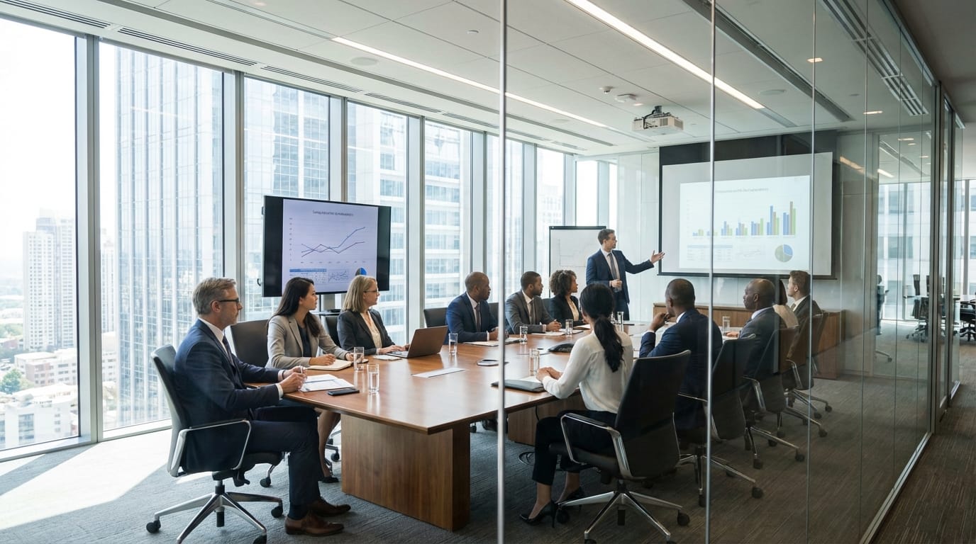 A professional business meeting in a modern glass office, realistic photography, 8k resolution, corporate style