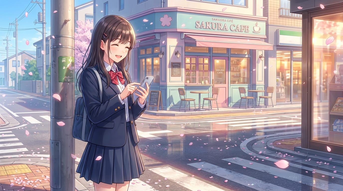 A Japanese high school girl in uniform smiling and typing a message on her smartphone on a spring street corner with scattering cherry blossoms. Delicate and detailed anime style expression, vibrant colors, cinematic light reflection, pastel colored cafe in the background, high quality illustration --ar 16:9 --niji 6