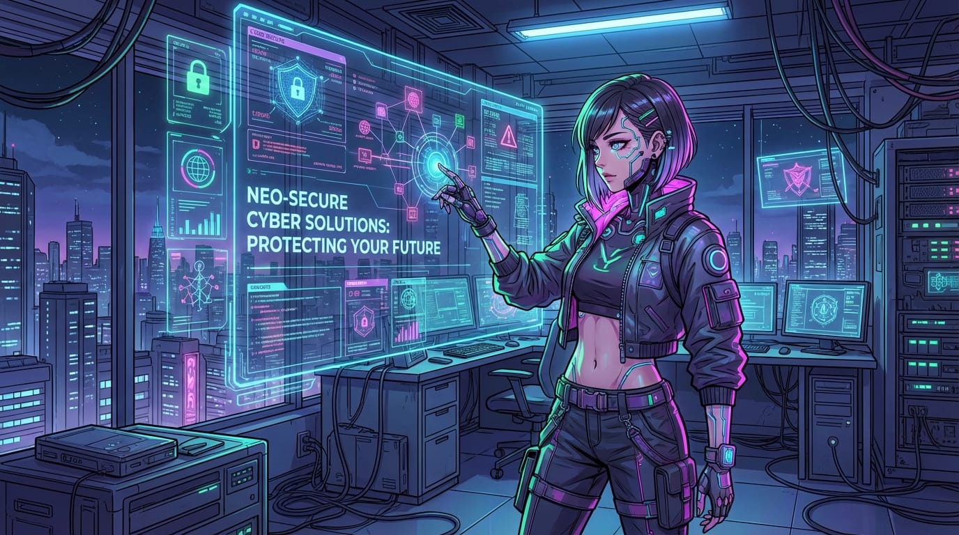 近未来的なサイバーパンク風のオフィスで、ホログラムディスプレイを操作するスタイリッシュな若い女性社員。サイバーセキュリティサービスの広告用ビジュアル、シャープな線画、ネオンカラーの照明、繊細で緻密なアニメ調表現 --ar 16:9 --niji 6