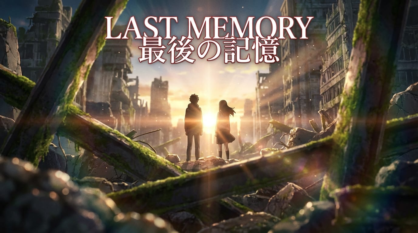 夕暮れの廃墟に立つ二人のキャラクター。手前のオブジェクトを使った前ボケ。アニメ調ならではの光の表現、逆光。背景のディテールが非常にシャープ。上部に「LAST MEMORY」という英語のテキストと「最後の記憶」という日本語のテキストがスタイリッシュなフォントで配置されている。