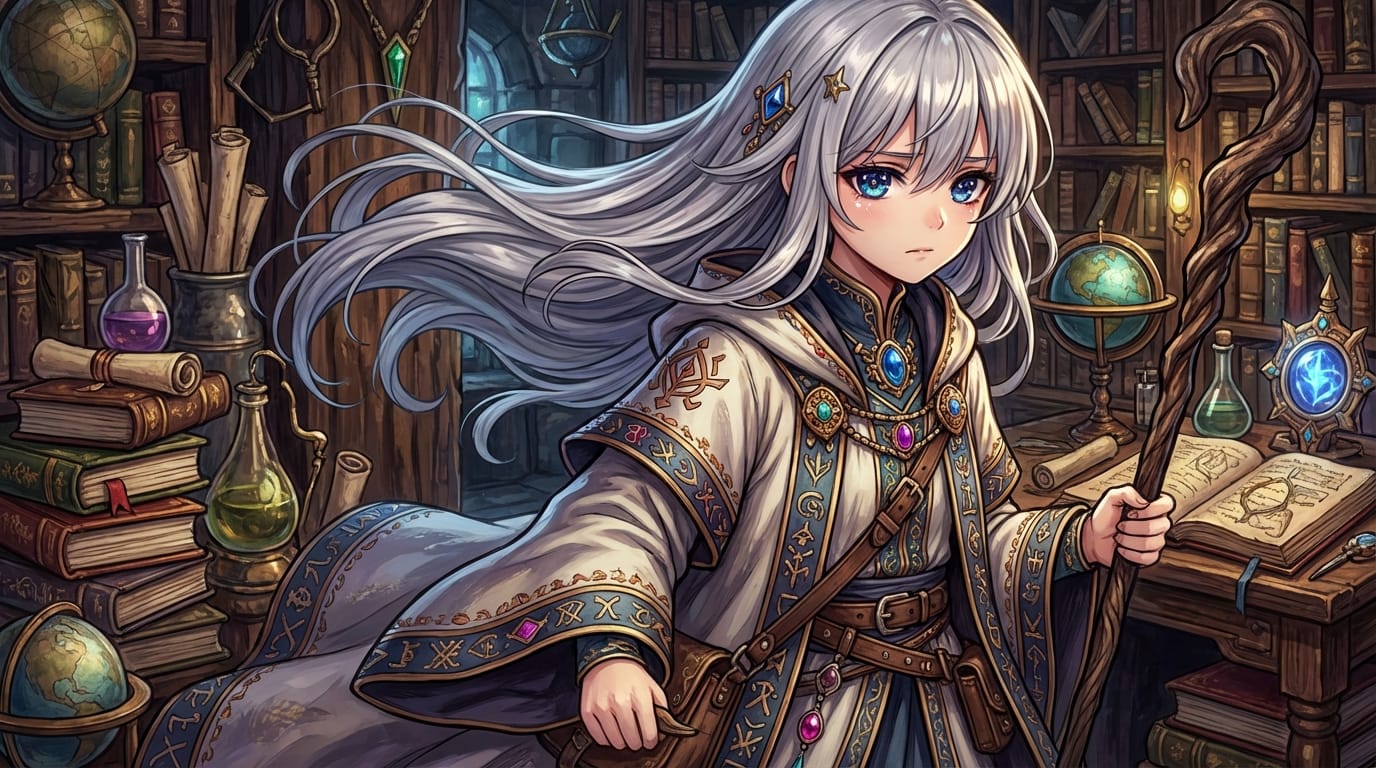 ファンタジー世界を旅する魔法使いの少女。風になびく銀色の長い髪、深い青色の瞳には鋭いハイライトと星の反射が描かれている。精巧な装飾が施されたローブ、背景には古い図書館の小道具。重厚な塗りで、表情には決意と少しの哀愁が漂う。繊細で緻密なアニメ調表現。