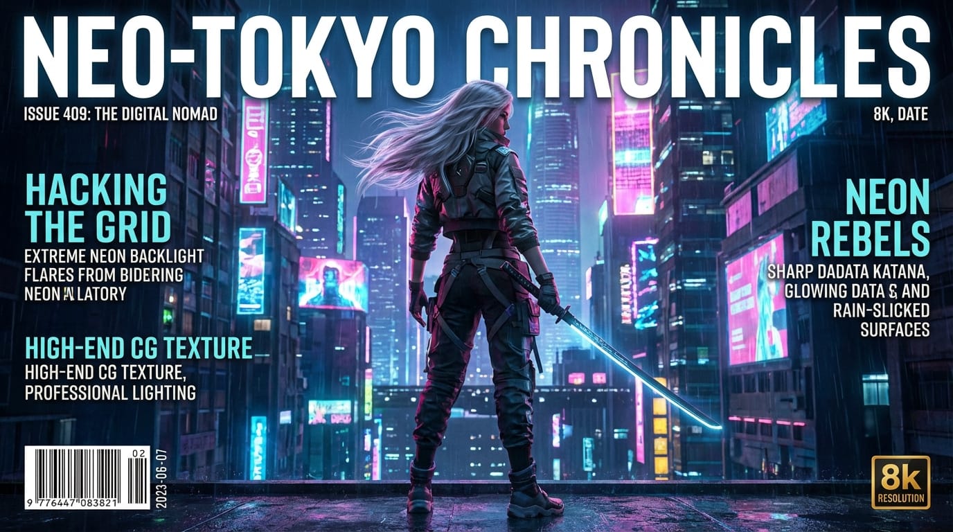 雑誌の表紙風の構図、サイバーパンク風の都市を背景に立つ女性キャラクター、多層的なテックウェア、ネオンライトの極端な逆光エフェクト、風になびく長い銀髪、シャープなディテール、ハイエンドCGの質感、プロフェッショナルなライティング、8k解像度