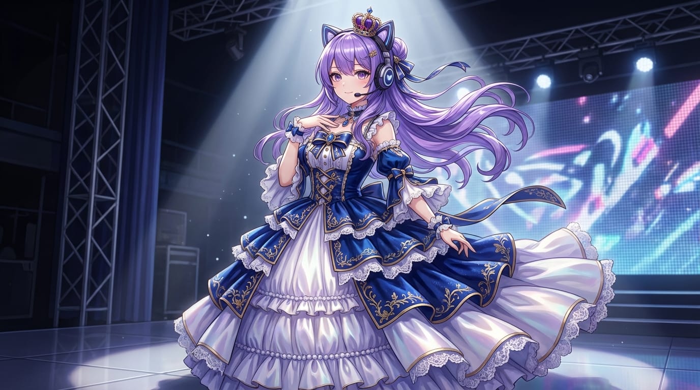 アイドル風の豪華なステージ衣装を着たVTuberの立ち絵、フリルとレースの多層的な構造、シルクとベルベットのリアルな材質感、スタジオのスポットライト、正確な人体構造、クリアなエッジ、高解像度のコンセプトアート