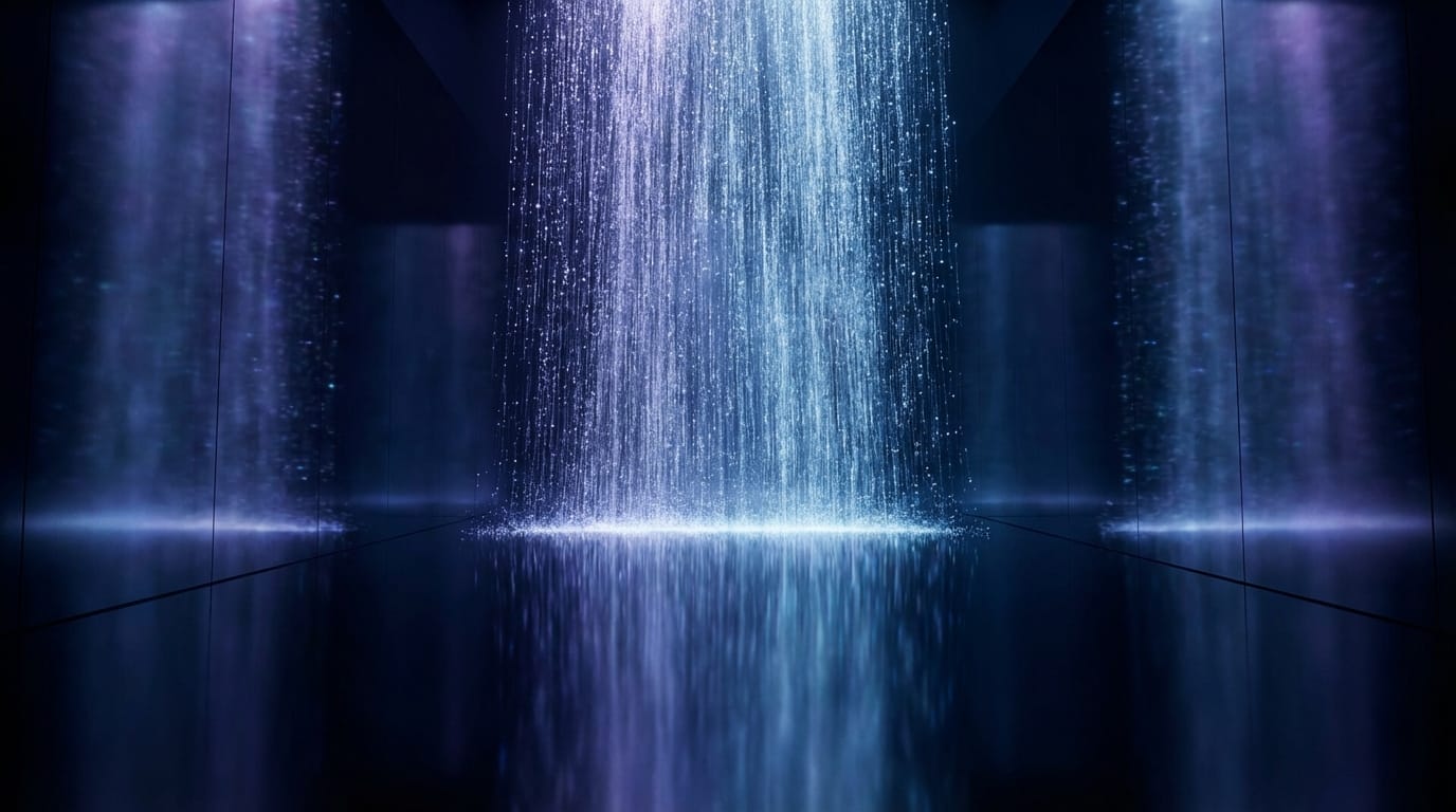 広大な暗闇の空間に無数の光の粒子が滝のように降り注ぐデジタルアートのインスタレーション、床面は鏡面仕上げで光を反射している、空間の奥に向かって広がる無限の奥行き、静かで神秘的な青と紫のグラデーション照明、超高精細なコンセプトアート