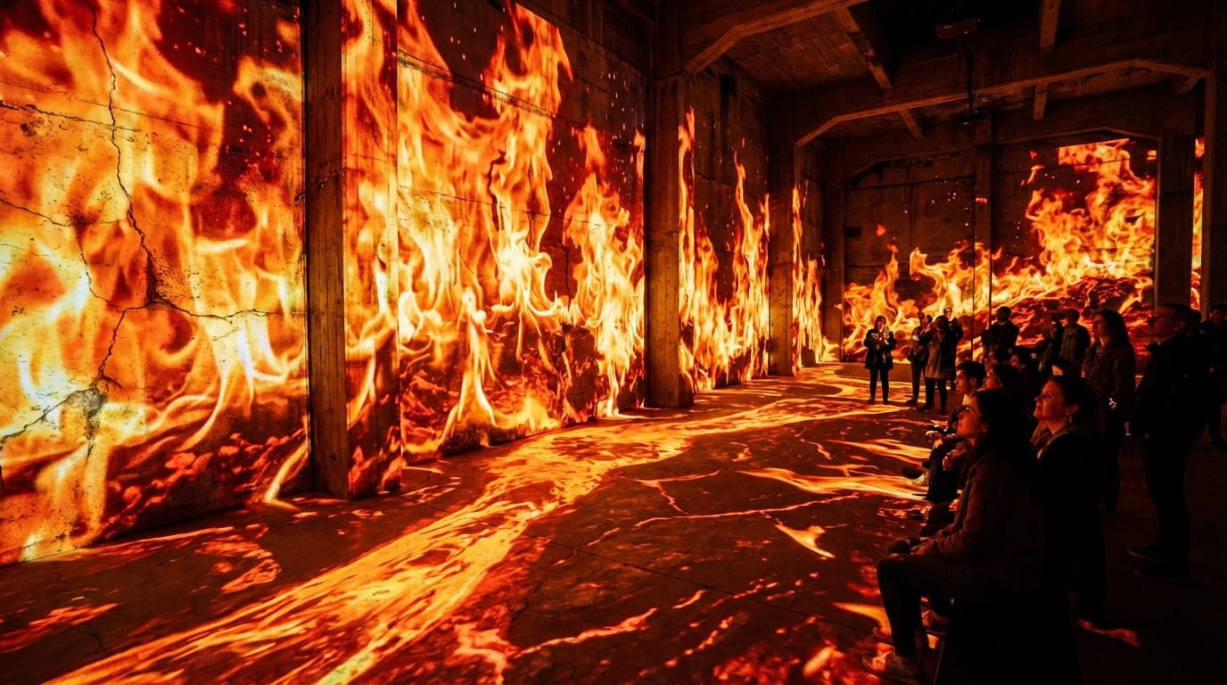 既存のコンクリートの壁面と床面に沿って投影された、燃え上がる炎とマグマをモチーフにしたダイナミックなプロジェクションマッピング、強烈なオレンジと赤の光源が空間全体を照らし出す、壁の質感を活かしたリアルな光の反射、没入型体験アート