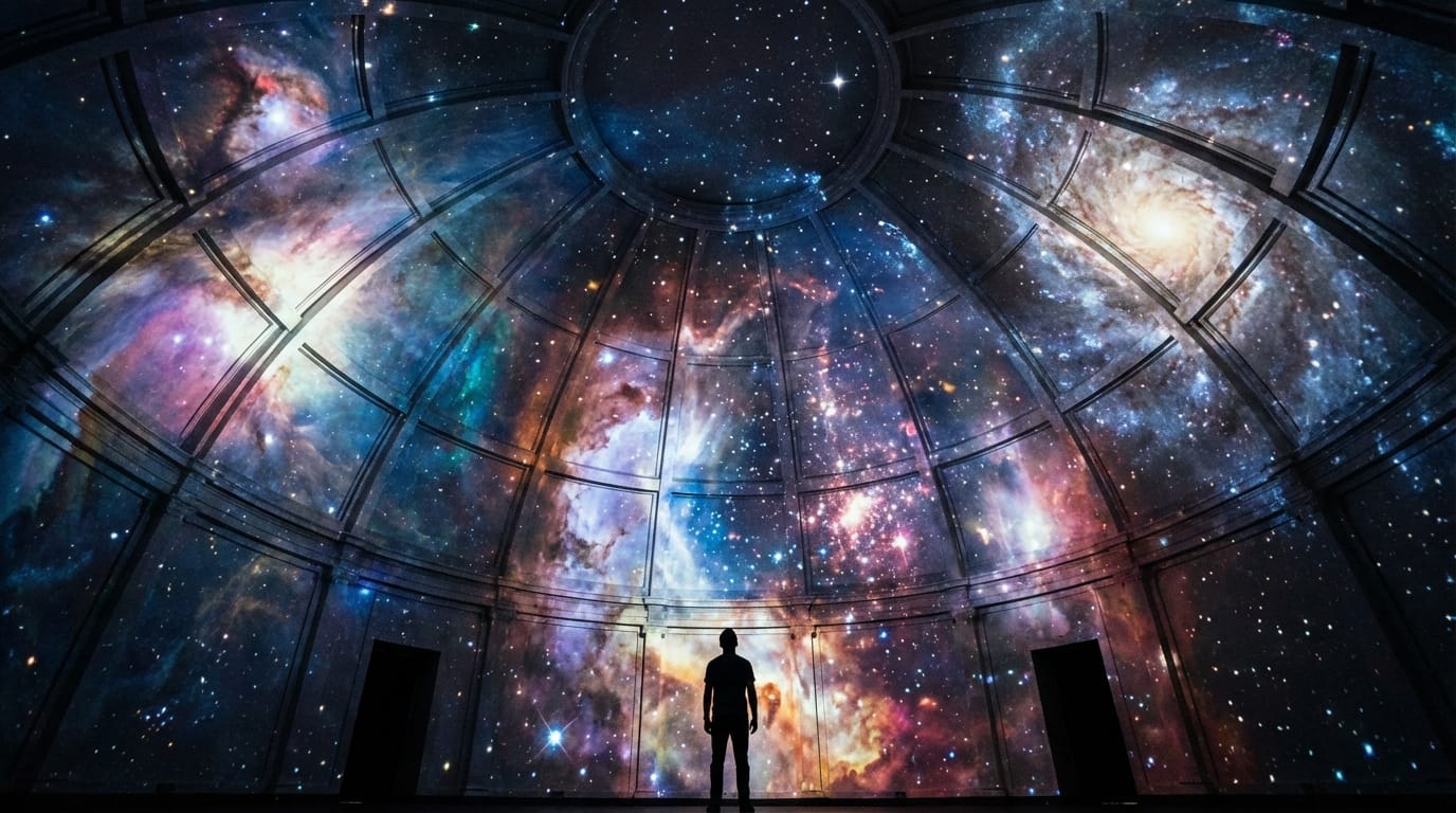 巨大なドーム型の天井全体に投影された、宇宙空間と星雲の圧倒的なデジタルインスタレーション、中央に立ち尽くして頭上を見上げる一人の人間の黒いシルエット、空間の巨大さと光の迫力を強調するシネマティックな構図、リアルな光環境