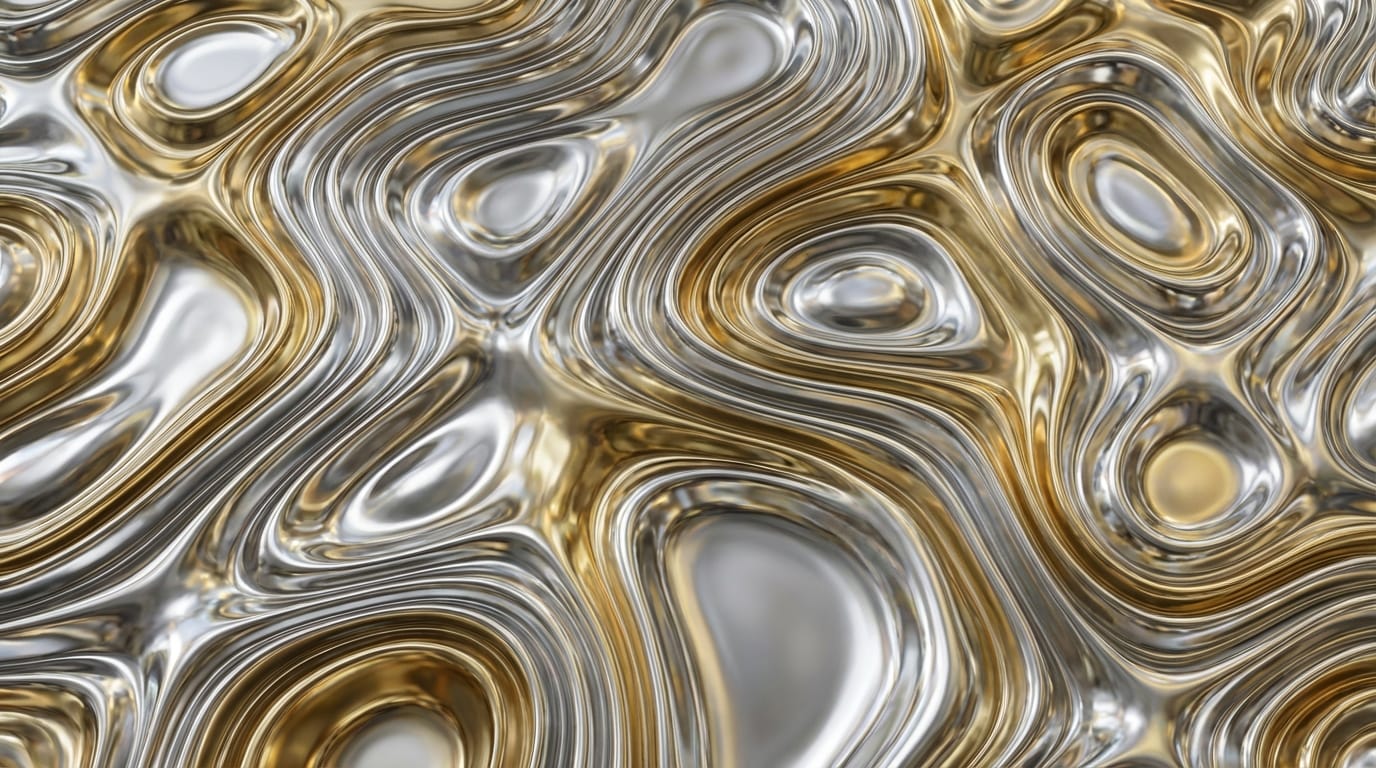 画面全体を覆うように広がる、金属の質感を持った液体の波紋と有機的な曲線の抽象的な3Dレンダリング、シルバーとゴールドの滑らかな表面、極めてシャープなエッジとクリアな光の反射、プロジェクションマッピング用の高解像度テクスチャ素材
