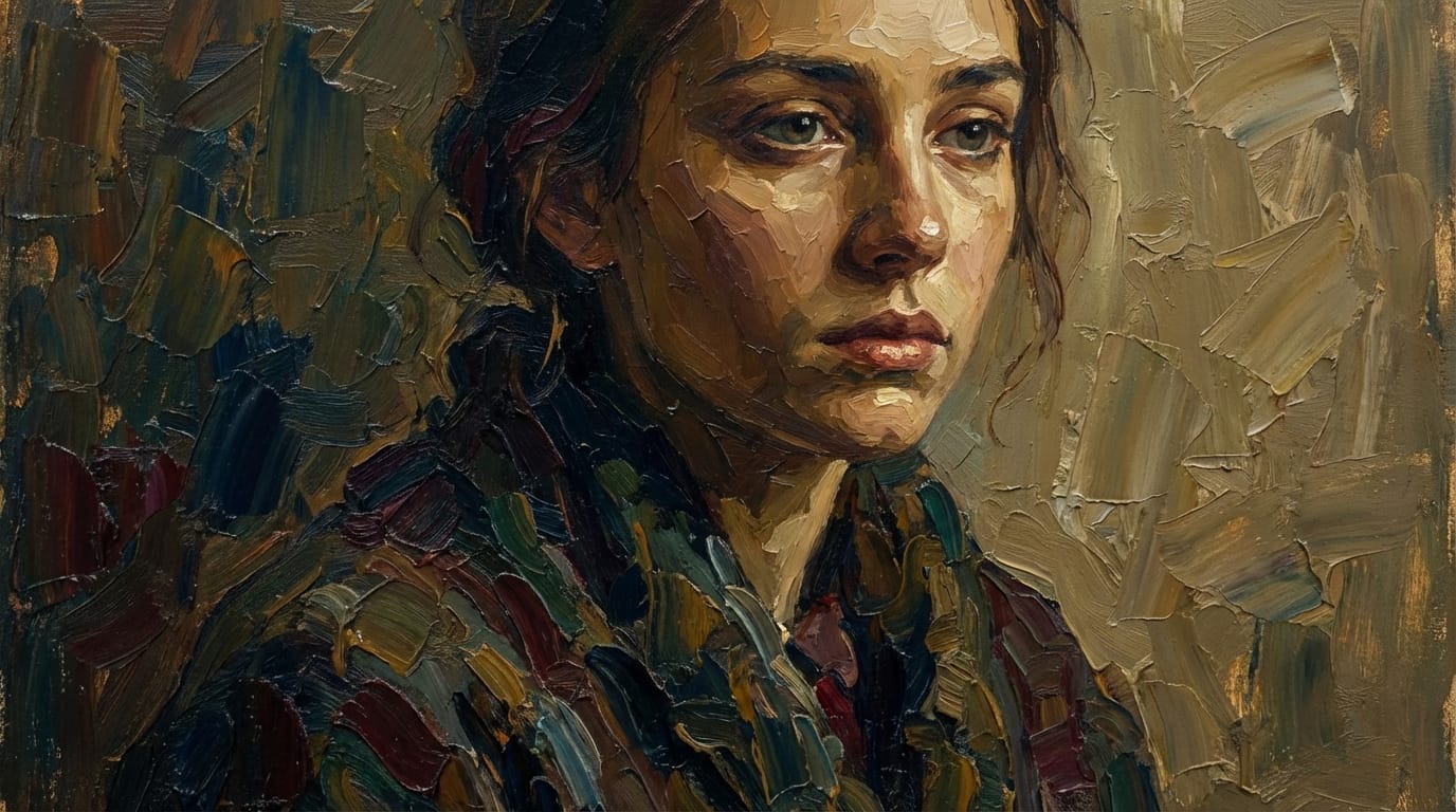 A close-up portrait of a young woman in oil painting style, visible palette knife textures, soft classical lighting, deep melancholic colors, masterpiece
