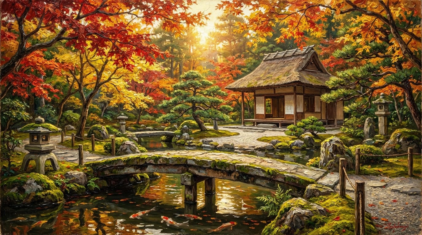 An oil painting of a serene Japanese garden in autumn, thick impasto brushstrokes, vibrant red and gold maple leaves, dynamic lighting, highly detailed canvas texture, classic art style