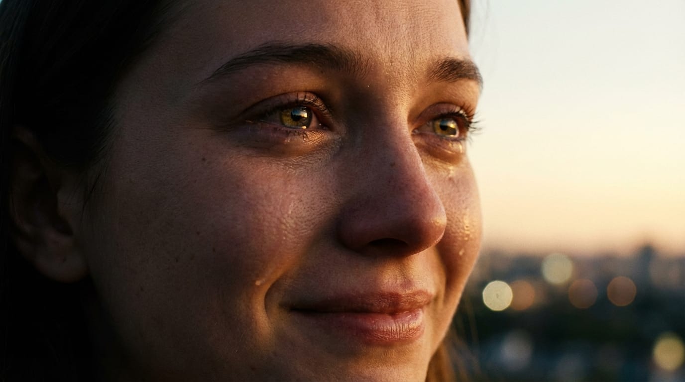 映画のワンシーン、クローズアップショット、涙をこらえて微笑む若い女性、夕暮れの柔らかな光、顔の半分が影に隠れている、リアルな肌の質感と毛穴、瞳に反射する夕日、シネマティックライティング、被写界深度が浅い、感動的なシーン、フィルムの質感