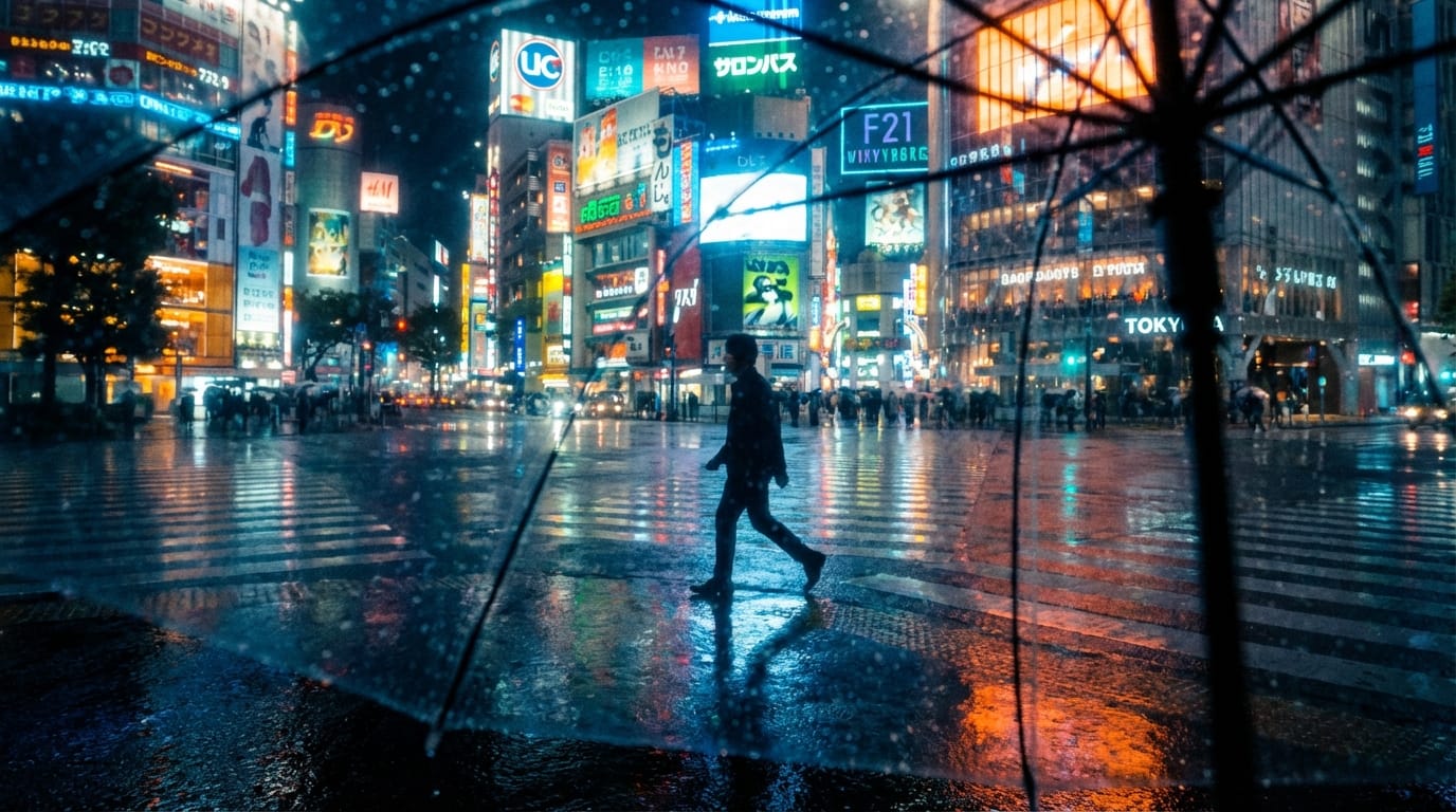 広角ショット、夜のネオン街、手前にピントのボケた雨傘、奥の交差点を歩く孤独な男性のシルエット、濡れたアスファルトに反射する色鮮やかな光、シネマティックなカラーグレーディング、冷たい青と暖かいオレンジのコントラスト、映画の静止画