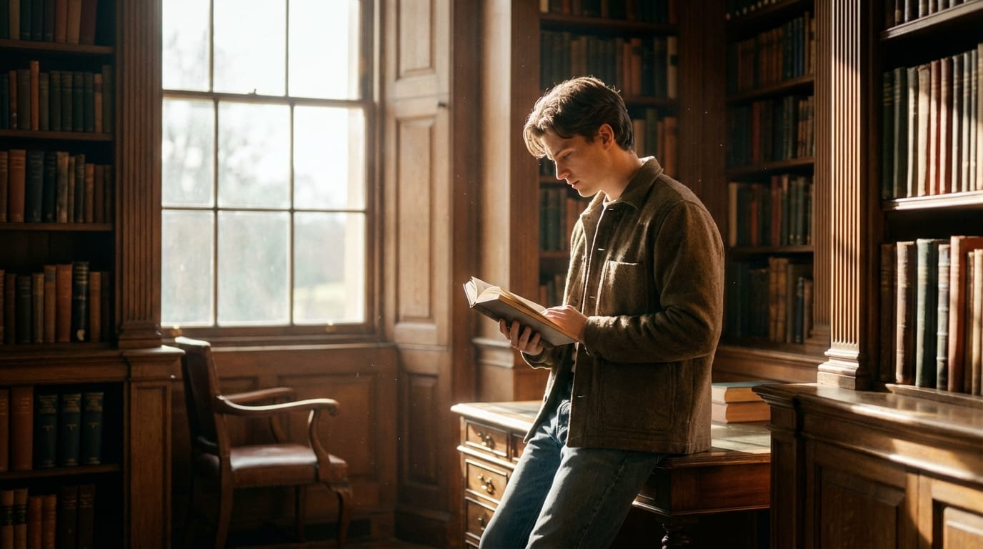 ミディアムショット、古い図書館で本を読む青年、窓から差し込む斜めの朝日、空気中の埃が光に反射している、暖かみのある色調、静寂な雰囲気、リアルな服のシワと質感、被写界深度、映画の1カット