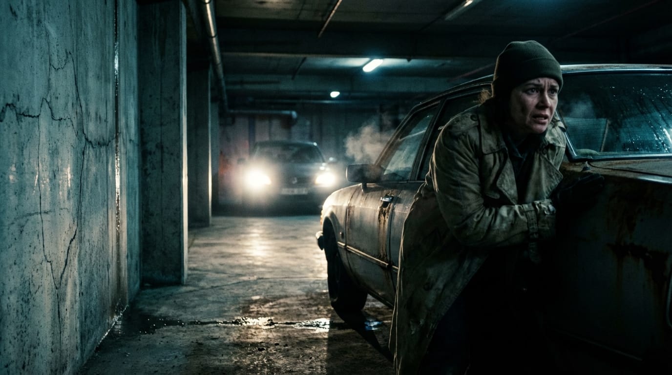 映画のワンシーン、薄暗い地下駐車場、車の陰に隠れて息を潜める人物、遠くに見える車のヘッドライトの強い光、緊張感のある表情、冷たいコンクリートの質感、シネマティックライティング、劇的な陰影、ノイズ感のあるフィルム調