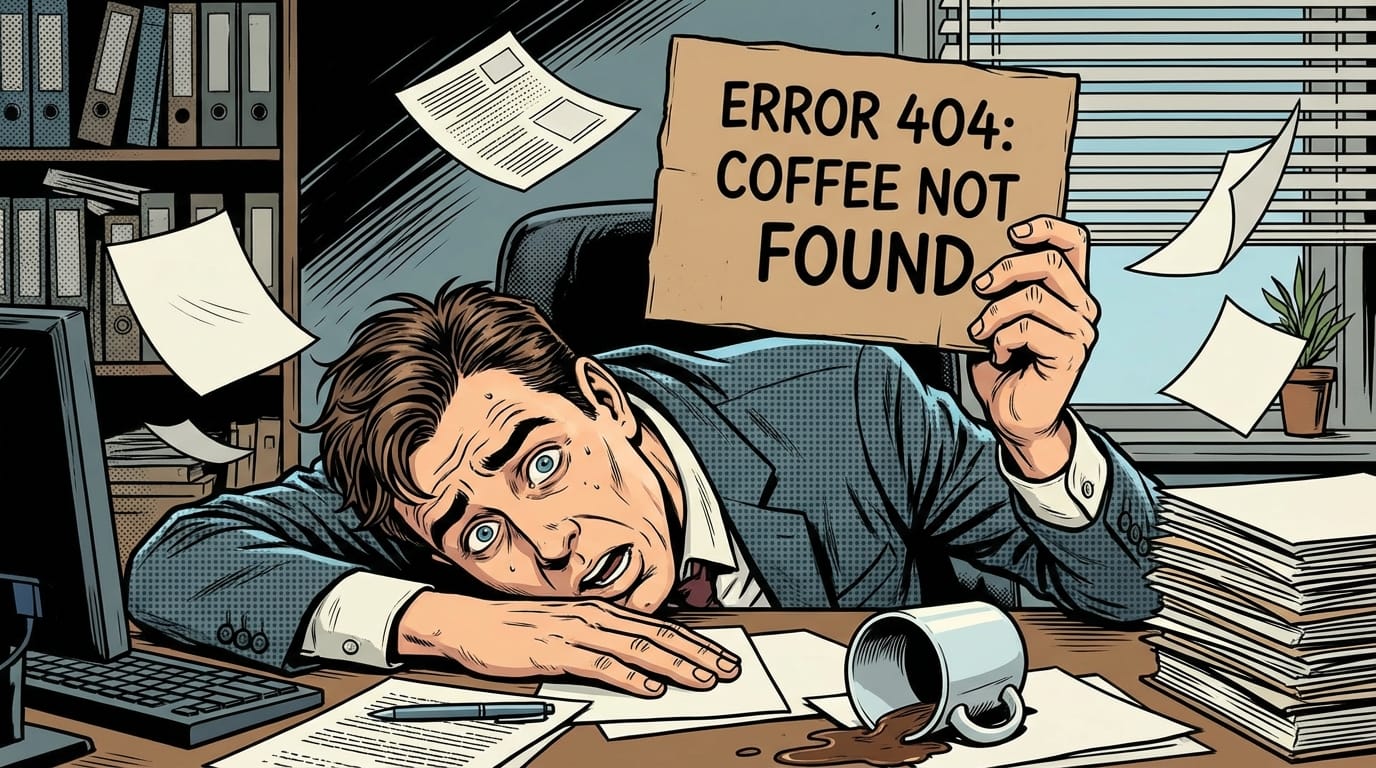 「ERROR 404: COFFEE NOT FOUND」と書かれた段ボールの看板を掲げて、絶望した表情でオフィスのデスクに突っ伏しているサラリーマン。背景には散らかった書類と倒れたマグカップ。コミック風のイラストスタイル。