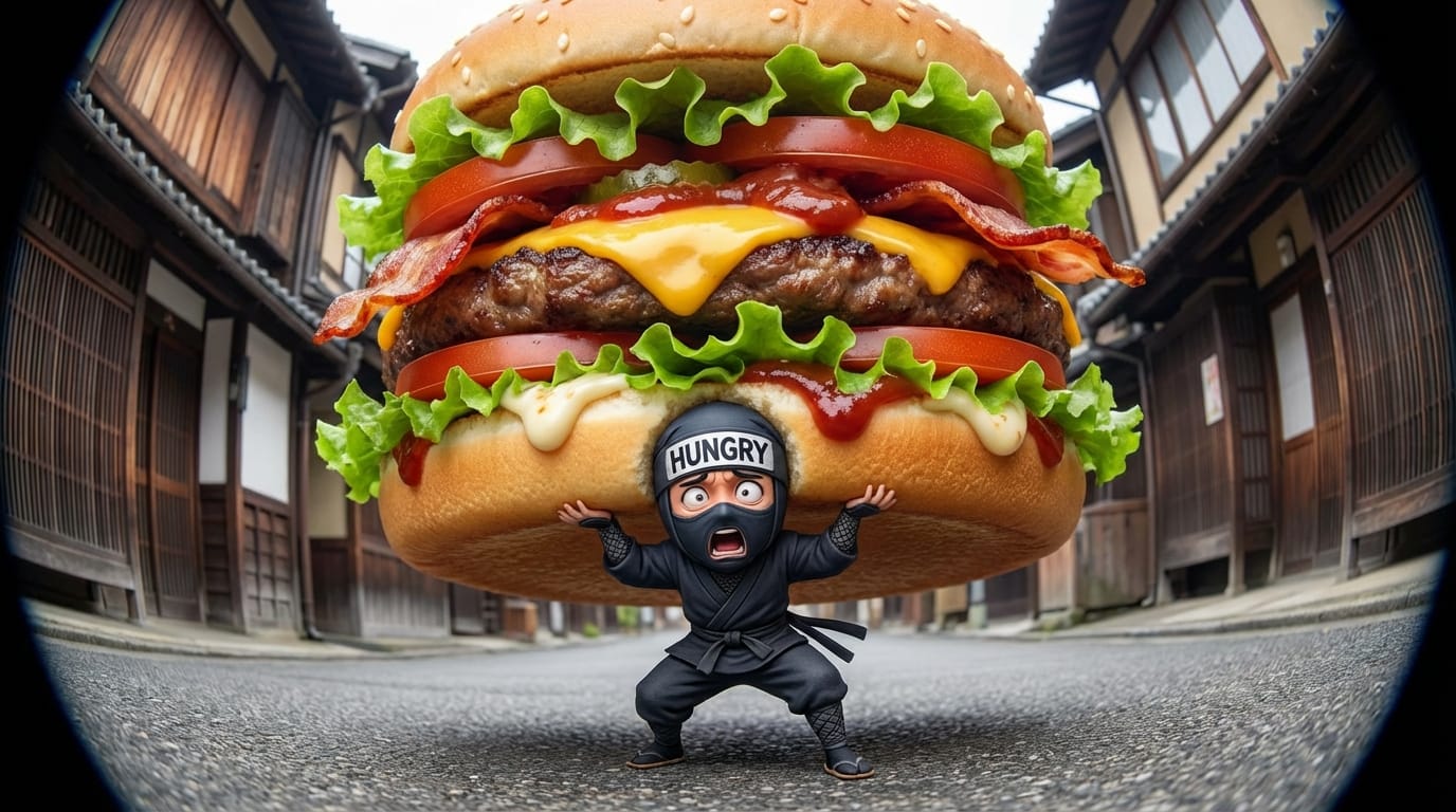 巨大なハンバーガーに押しつぶされそうになっている小さな忍者。魚眼レンズのような極端なパースペクティブ。忍者の鉢巻には「HUNGRY」という文字がはっきりと描かれている。ダイナミックでユーモラスな構図。