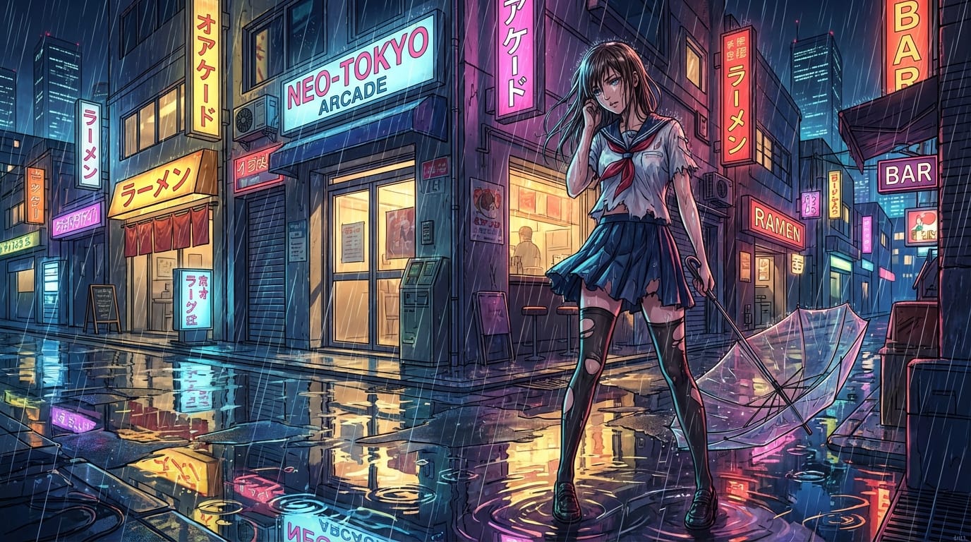 1人のアニメ調の美少女、ダメージを受けた学校の制服、破れたストッキング、雨に濡れた髪、雨粒、水たまりの反射、ネオンライトの街角、シャープな線画、鮮やかな色彩、ドラマチックなライティング