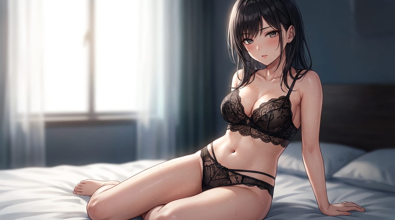 1人のアニメ調の美少女、精巧なレースの黒いランジェリー、ベッドに座る、挑発的な視線、肌のハイライト、微細な汗、窓からの柔らかい自然光、被写界深度（ボケ量）が深い、高解像度、繊細で緻密なアニメ調表現