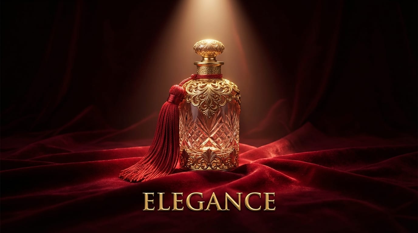 既存の香水のボトル画像をベースにした高級感のあるポスター。背景を深いベルベットの赤に変更し、ドラマチックなスポットライトを当てる。下部に「ELEGANCE」というゴールドのクラシックなセリフ体の文字を正確にレンダリングする。リッチで重厚な仕上がり。