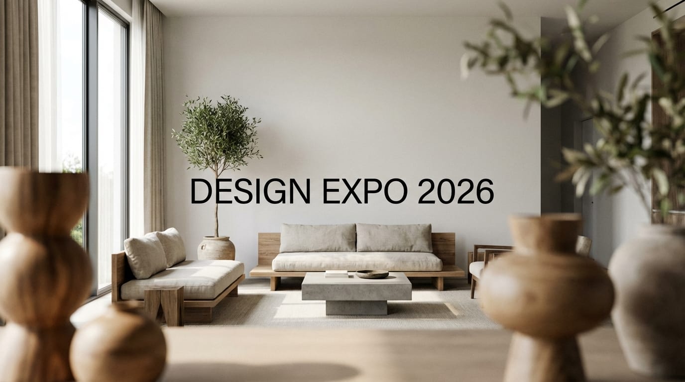 ミニマルなインテリアデザインの展示会ポスター。広々としたモダンなリビングルームの風景、柔らかな自然光。中央の余白部分に「DESIGN EXPO 2026」という黒い洗練された文字が配置されている。手前のオブジェクトを使った前ボケを取り入れ、文字に視線が誘導される構図。