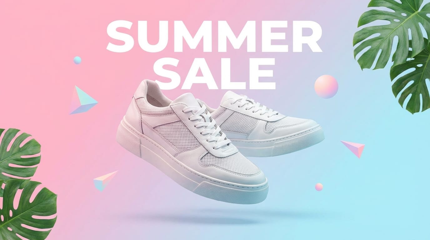 現代的なファッションセールのポスターデザイン。パステルピンクとライトブルーのグラデーション背景に、スタイリッシュな白いスニーカーが宙に浮いている構図。上部に「SUMMER SALE」という大きく太いモダンなサンセリフ体の文字が配置されている。明るく爽やかな雰囲気で、高解像度でクリアなディテール。