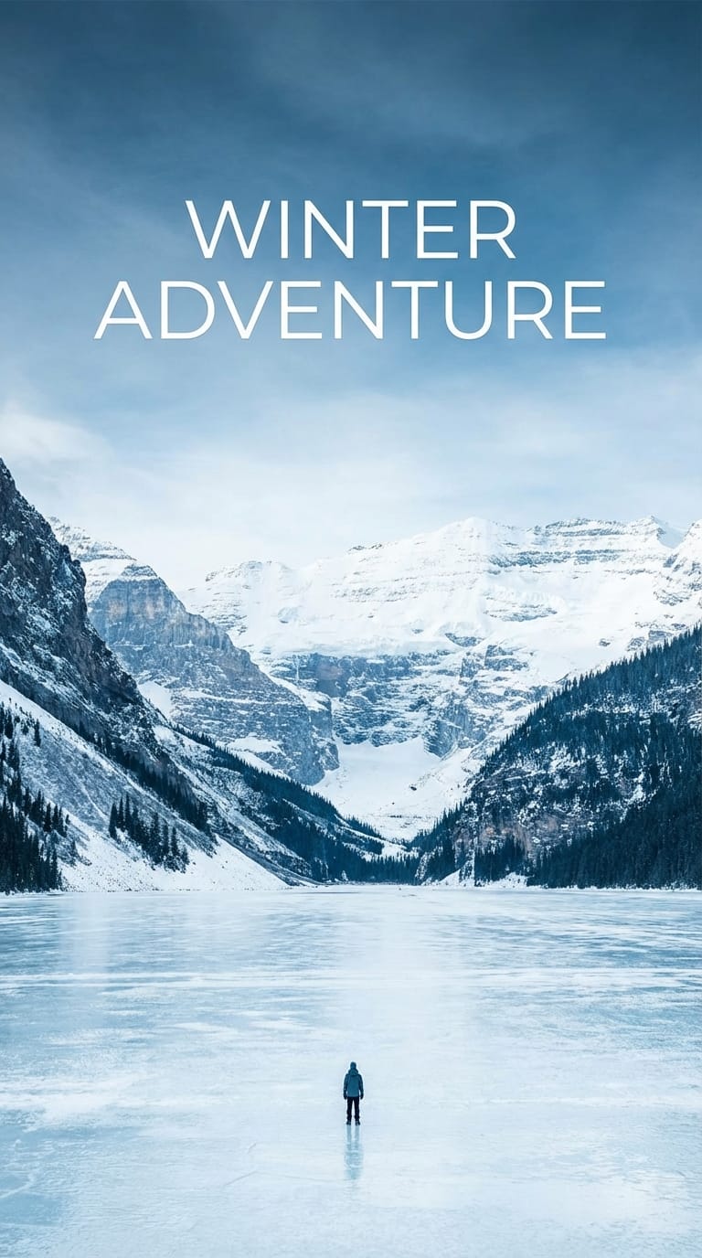 提供された横型の風景画像を縦型の旅行キャンペーンポスターに最適化。雄大な雪山の風景を背景に、上部の空のスペースに「WINTER ADVENTURE」という白いクリーンな文字を配置。全体的に冷たく透明感のある色調に調整し、大自然のスケール感を強調する。