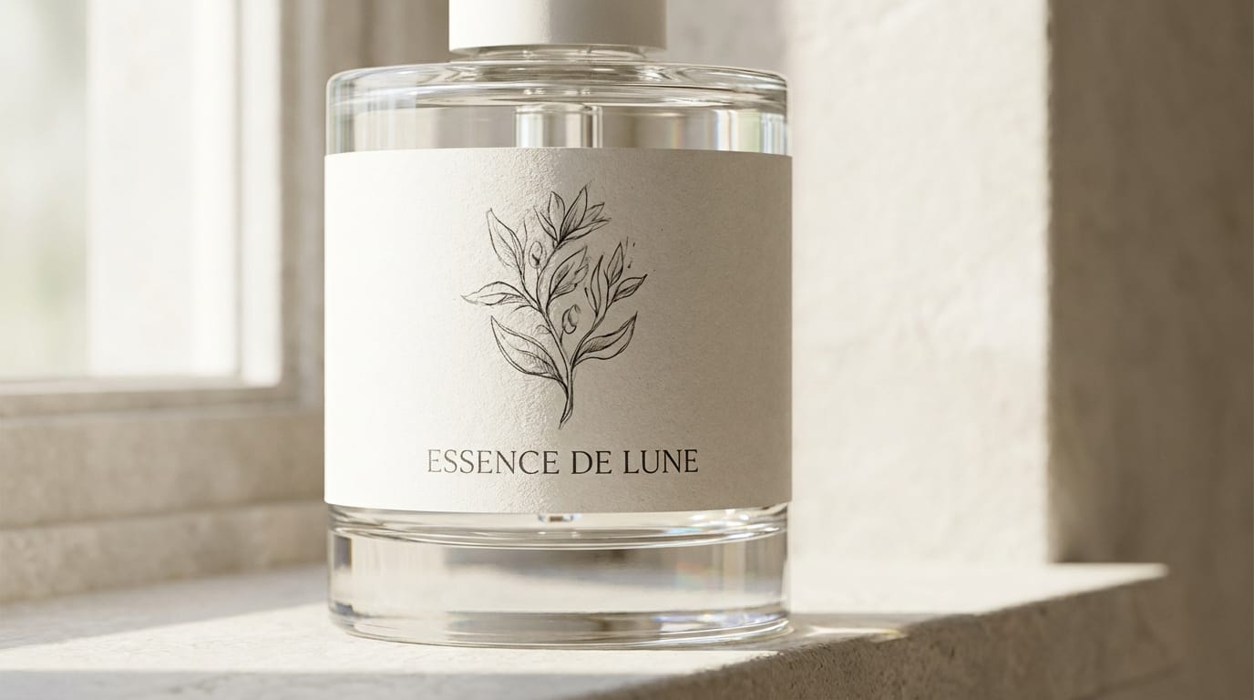 手描きのラフスケッチを基にした、高品質な化粧品のパッケージデザイン案。透明感のあるガラスの質感、柔らかな自然光、ミニマルな背景。