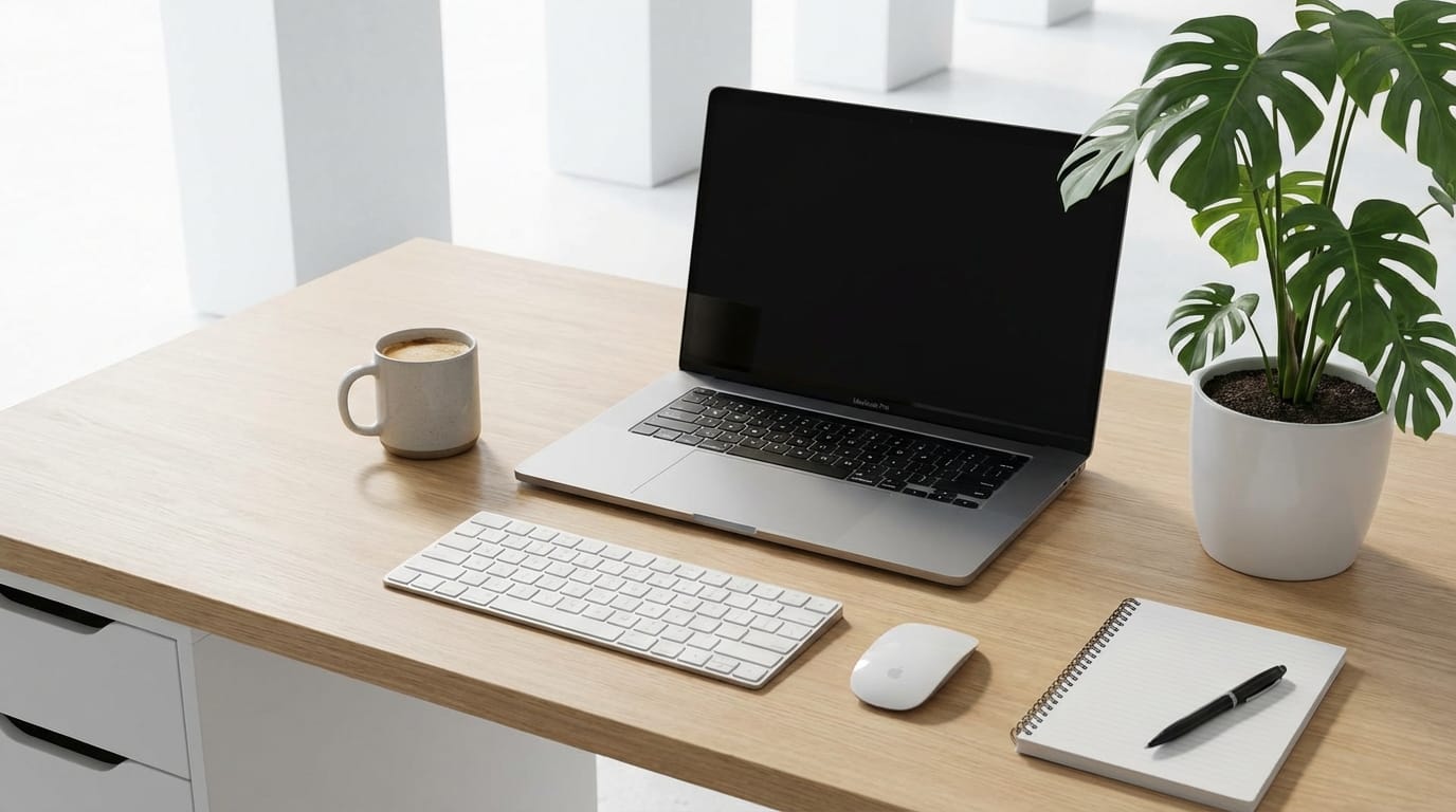 サービス紹介ページに使用する、モダンなオフィスのデスク周りの俯瞰写真。ノートパソコン、観葉植物、コーヒーカップが配置され、明るく清潔感のあるトーン。