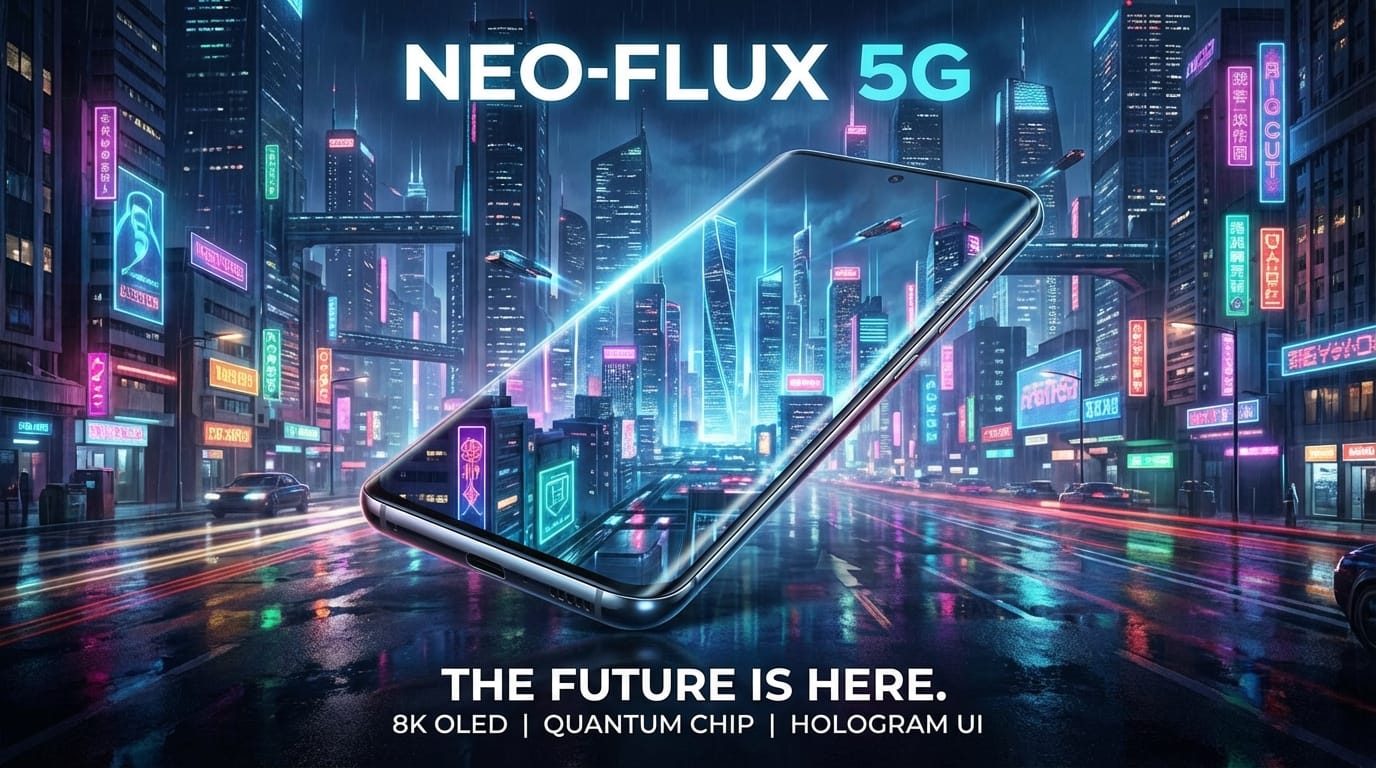 近未来の都市を背景にした、洗練されたスマートフォンの広告ポスター用ビジュアル。ネオンライトの反射、シャープなディテール、シネマティックなライティング。