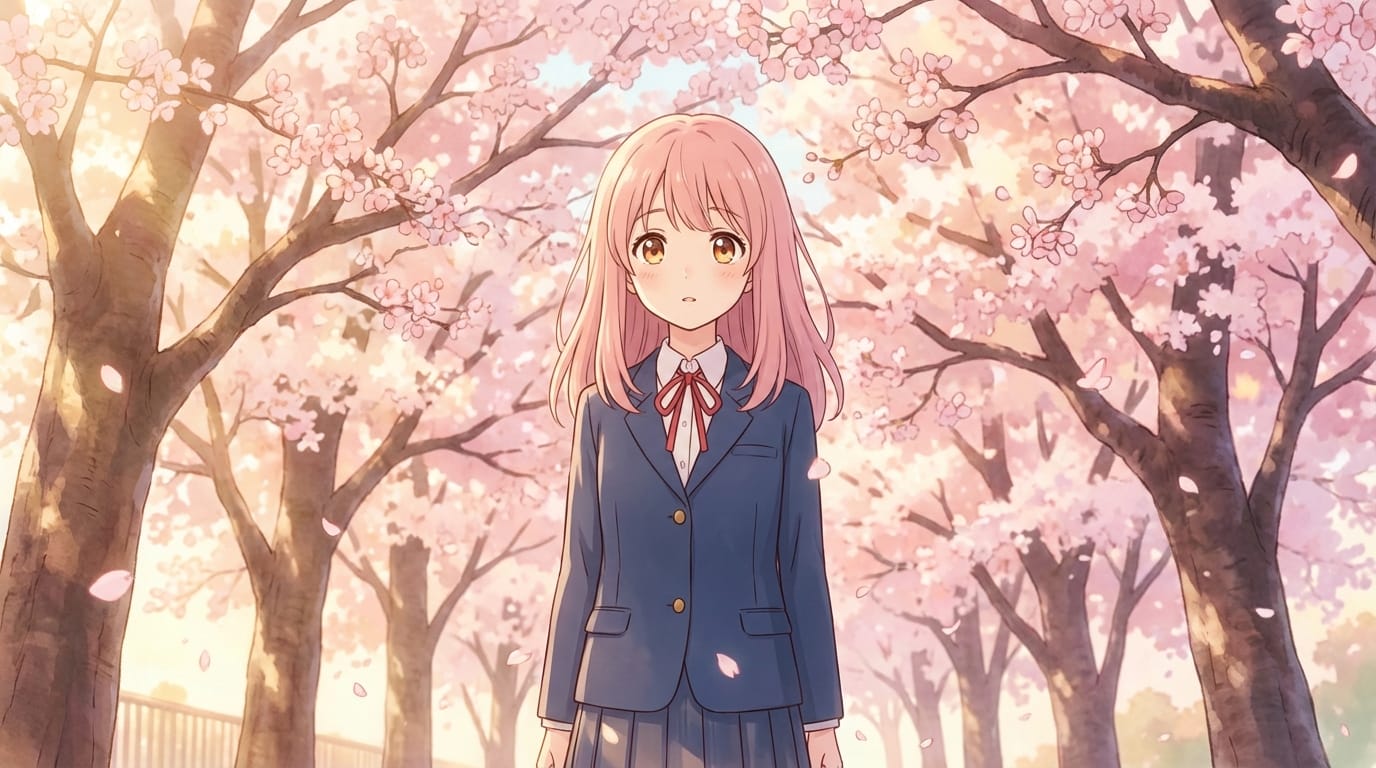 Anime style video frame, moe aesthetic, a cute young girl with large expressive eyes and pastel pink hair, wearing a detailed school uniform, standing under cherry blossoms, soft cinematic lighting, high quality, 4k resolution, smooth animation style