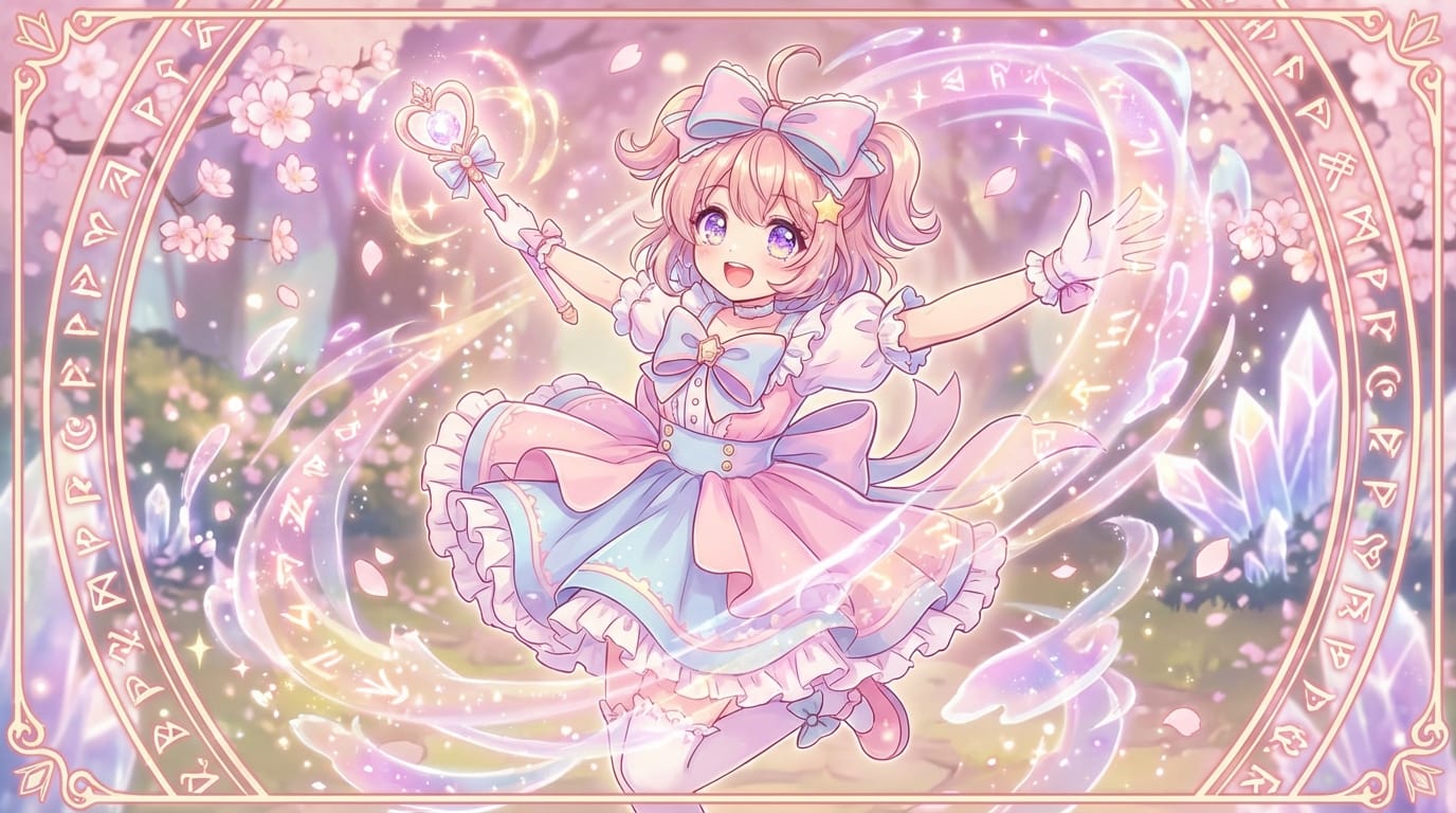 2D anime illustration style video frame, a cute magical girl casting a spell, glowing magical effects, dynamic pose, highly detailed eyes, vibrant pastel colors, moe aesthetic, studio quality