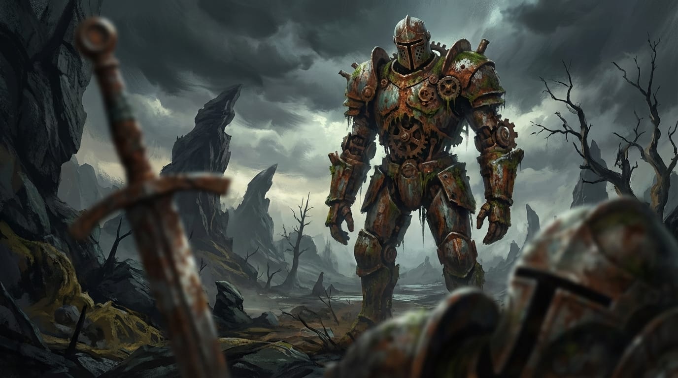 荒野に佇む機械の騎士、錆びた装甲、手前のオブジェクトを使った前ボケ、ダークトーンのファンタジー世界、実写的なリアルさとイラスト風の融合 --v 7