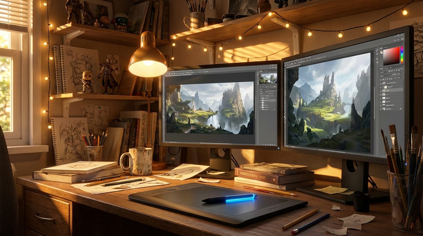 A highly detailed artist workspace with dual monitors showing concept art, glowing tablet, cozy lighting