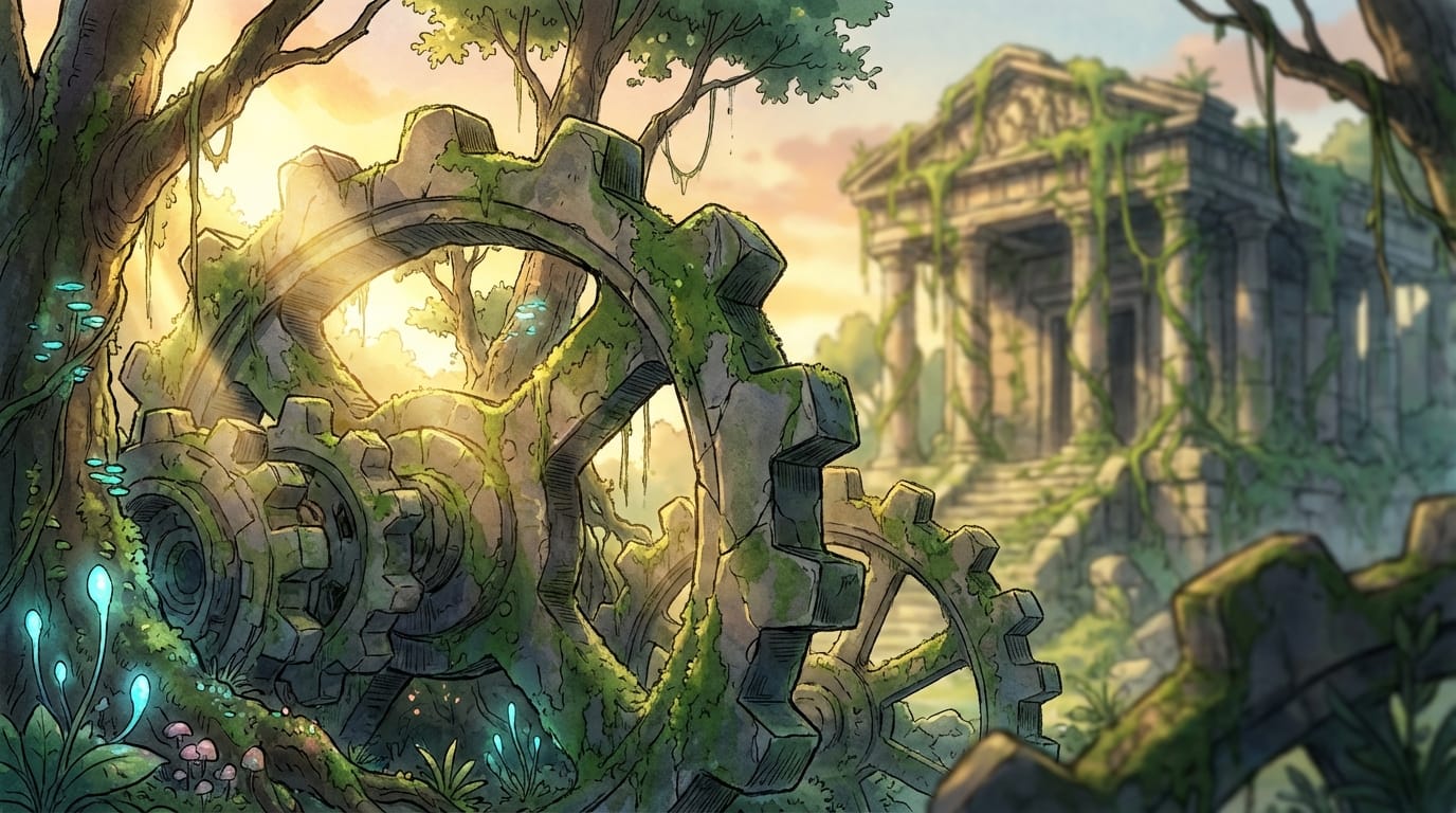 忘れ去られた古代遺跡、巨大な歯車が植物に覆われている、夕暮れの斜光、繊細で緻密なアニメ調表現、コンセプトアート、被写界深度（ボケ量）を活かしたシネマティックな構図 --v 7