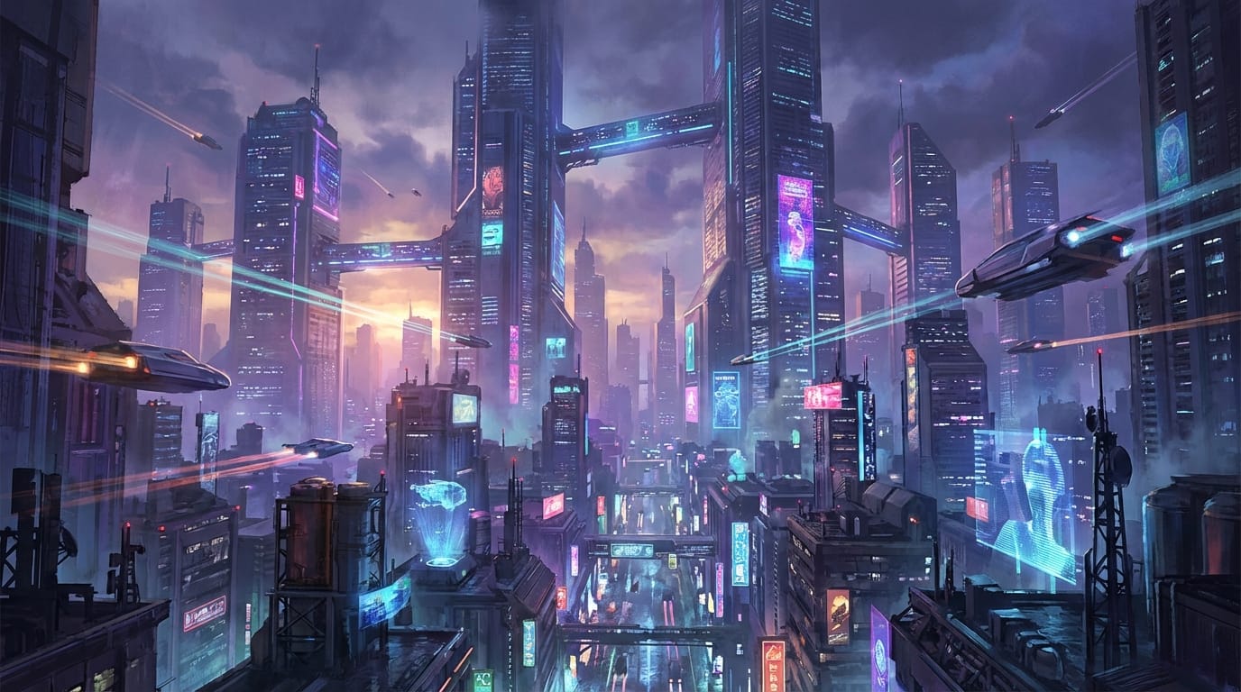 Concept art of a futuristic sci-fi city with flying vehicles, cinematic lighting, highly detailed, cyberpunk aesthetic