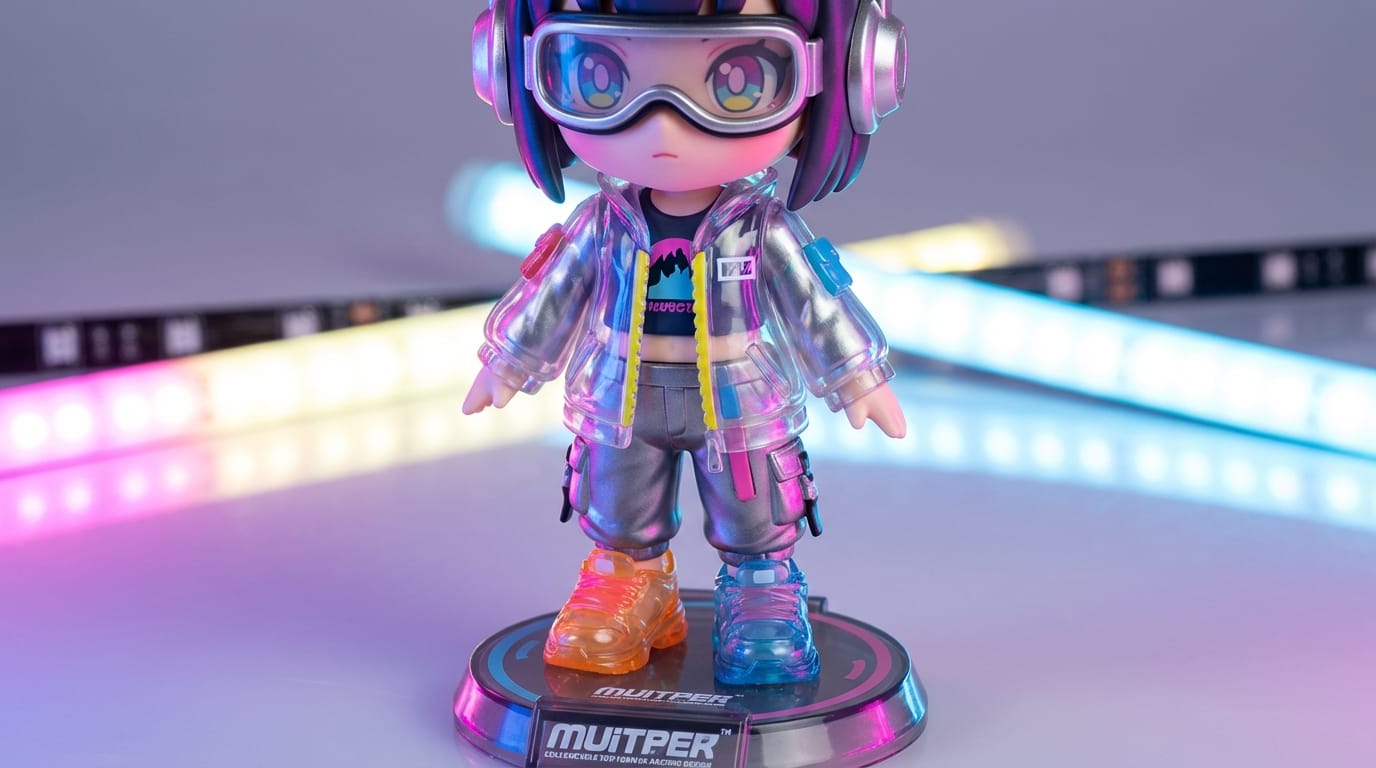 A highly detailed 3D figure style of a cute anime character wearing futuristic streetwear, glossy PVC and resin texture, macro photography, shallow depth of field, studio lighting with rim light, vivid colors, realistic toy photography, standing on a display base --ar 16:9