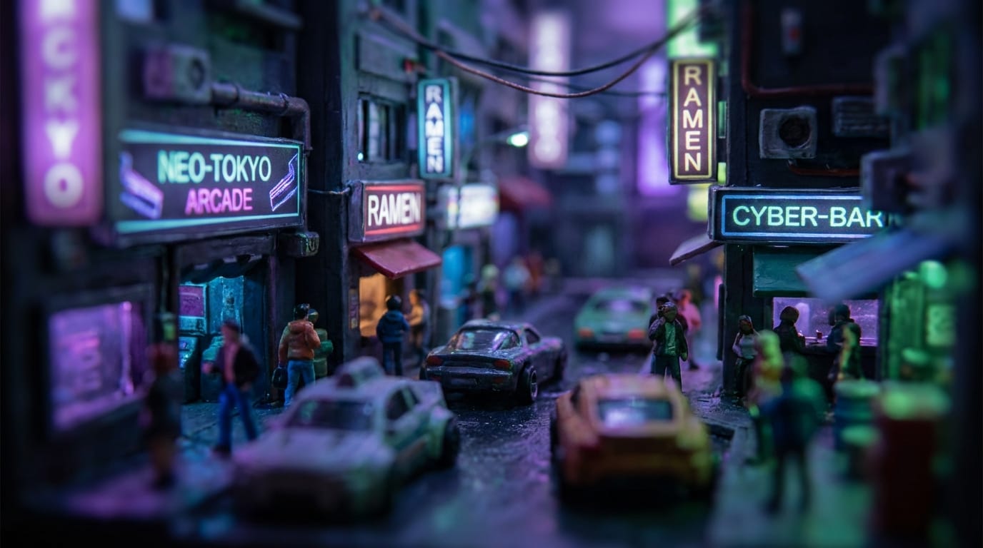 A miniature diorama of a cyberpunk city street, 3D figure style, clay and plastic textures, tilt-shift lens effect, neon lighting, highly detailed toy photography, cinematic atmosphere, macro shot --ar 16:9