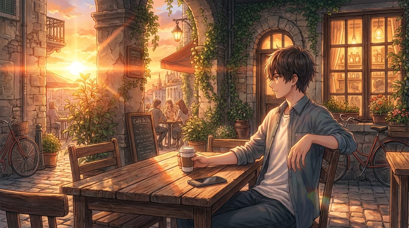 繊細で緻密なアニメ調表現、夕暮れのカフェのテラス席に座る青年、テーブルの上のコーヒーカップとスマートフォン、オレンジ色の逆光、リラックスした雰囲気、背景の小道具の精緻な描写