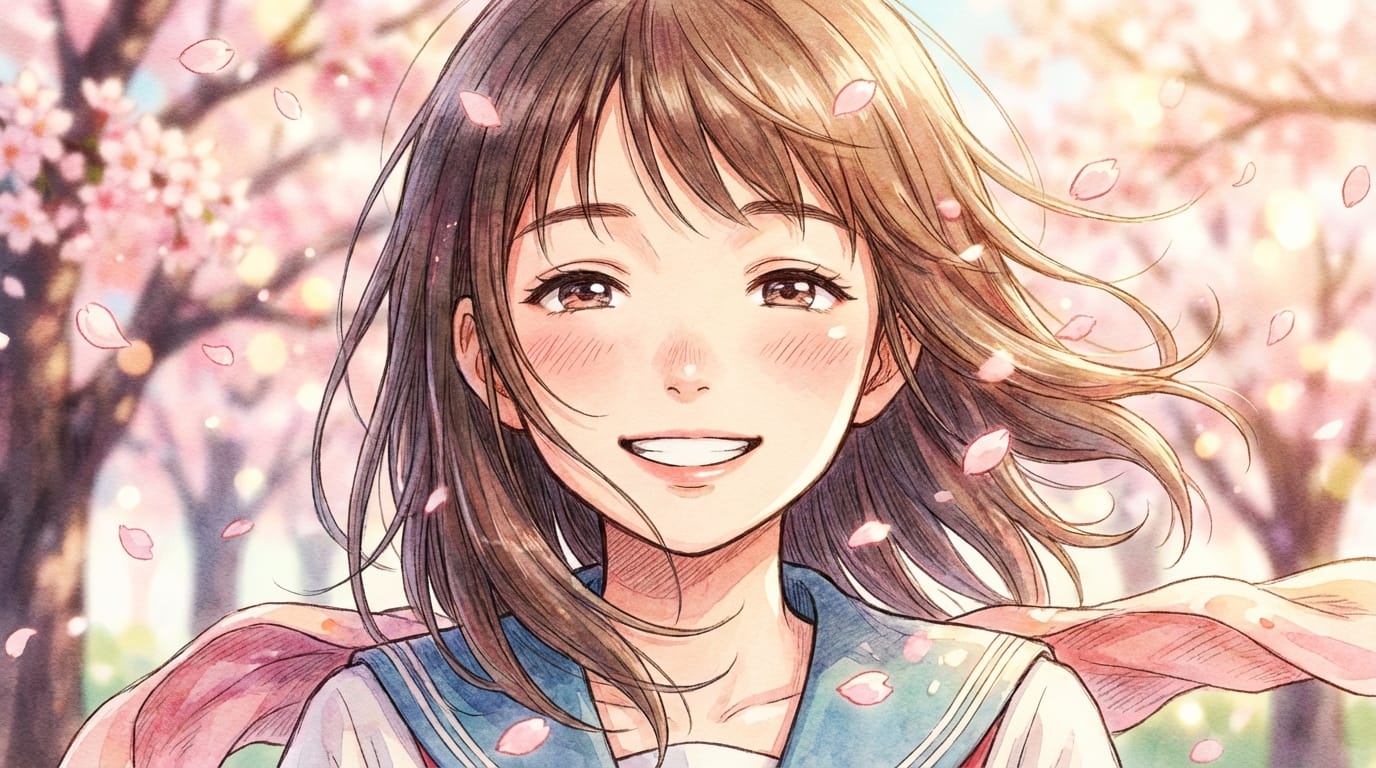 手描き感のあるリッチな画風、桜の木の下で微笑む少女のクローズアップ、春の柔らかな日差し、風に舞う桜の花びら、感情表現の深みと表情のダイナミズム、被写界深度による背景のボケ量、繊細なアニメ調表現