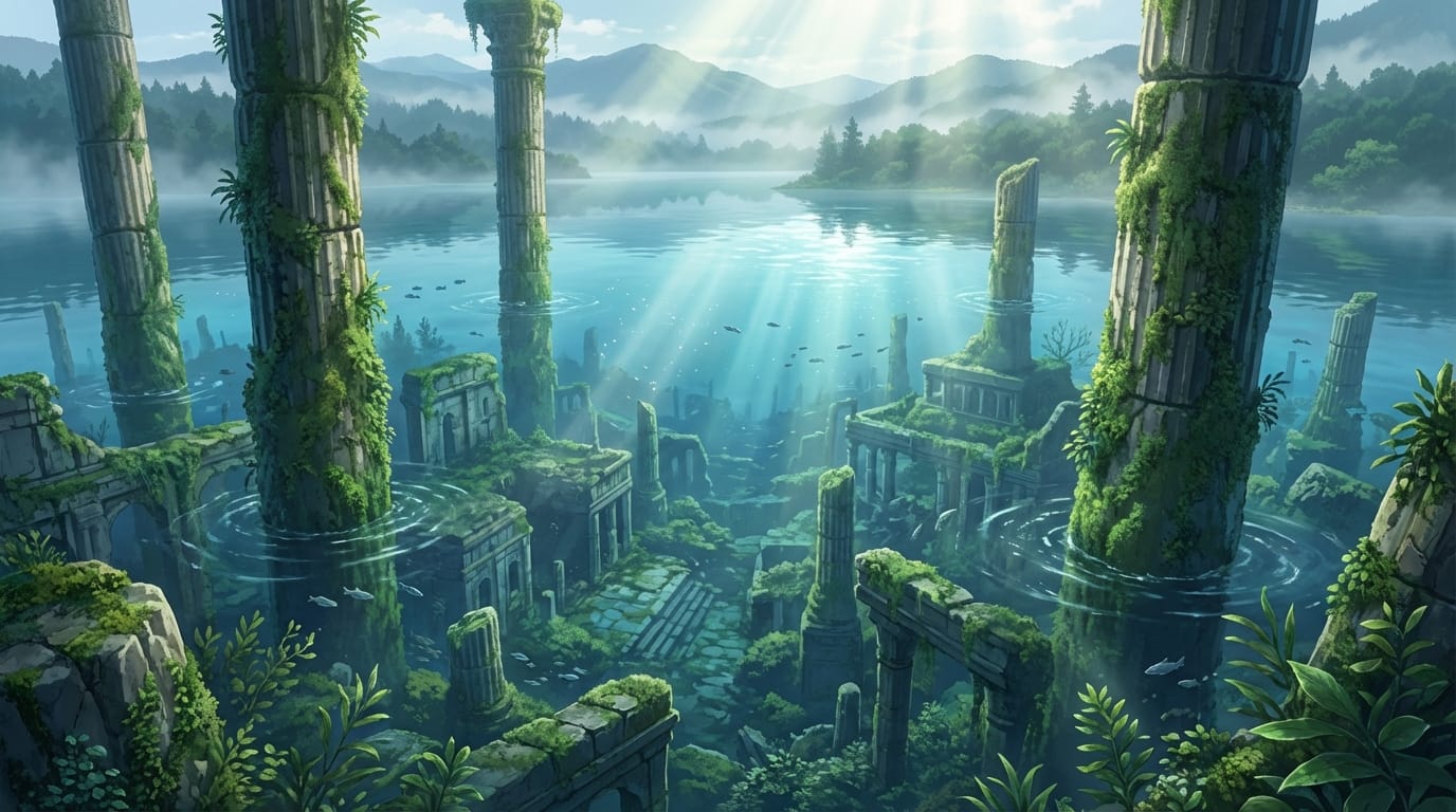 近年の人気作品に見られる繊細な画風、古代遺跡が沈む透明度の高い湖、水面から突き出る苔むした石柱、水中に差し込む光の筋、神秘的な雰囲気、広大な風景、高精細な環境描写