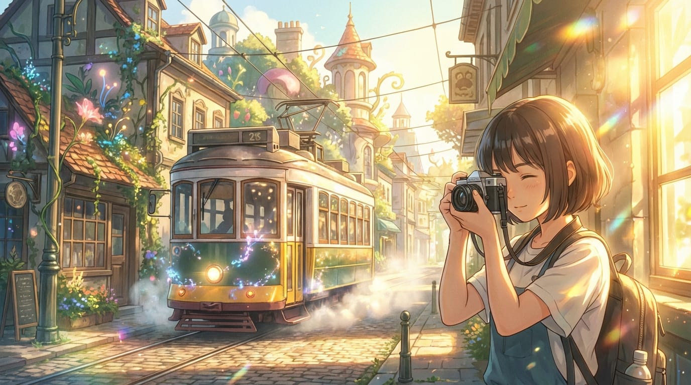 現実とファンタジー表現の境界にある風景、路面電車が走るレトロな街並み、カメラを構えるショートヘアの少女、スナップショットであること、自然な太陽光、実際にロケ地で撮影したかのようなリアルさ、アニメ調ならではの光の表現