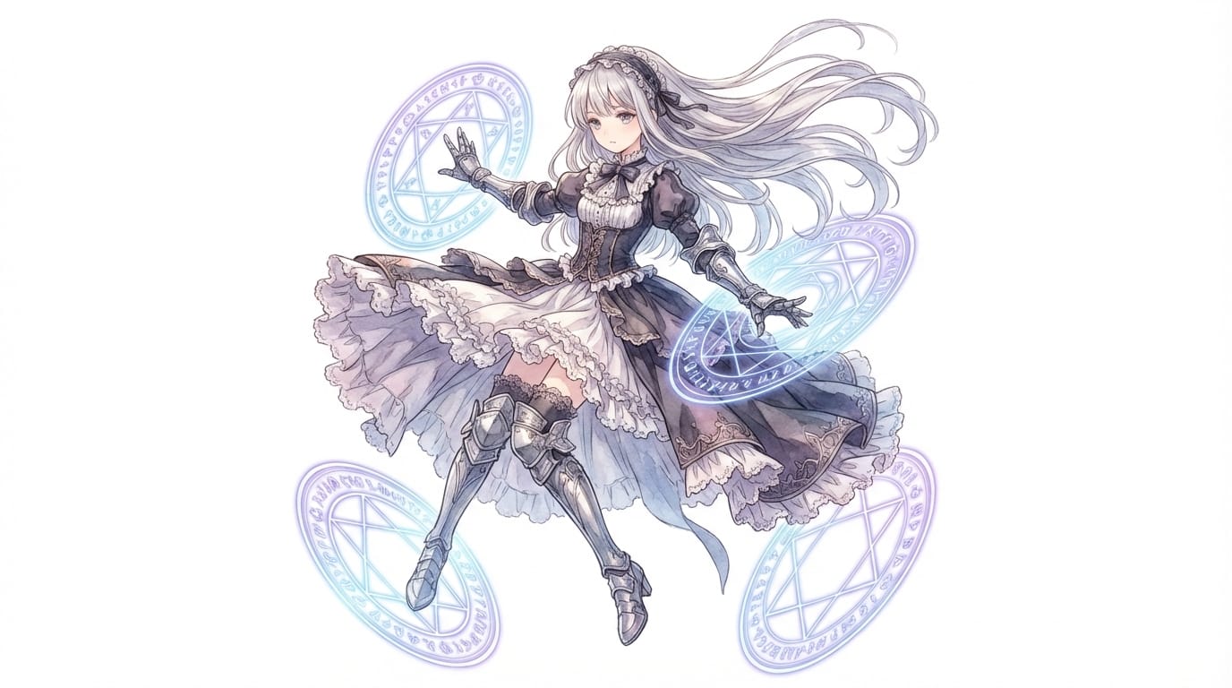Delicate anime style illustration, full body standing art. A girl with flowing long silver hair wearing a gothic dress combining multi-layered frills and armor. Dynamic pose floating in the air while deploying a magic circle, simple white background for easy transparency, high resolution.