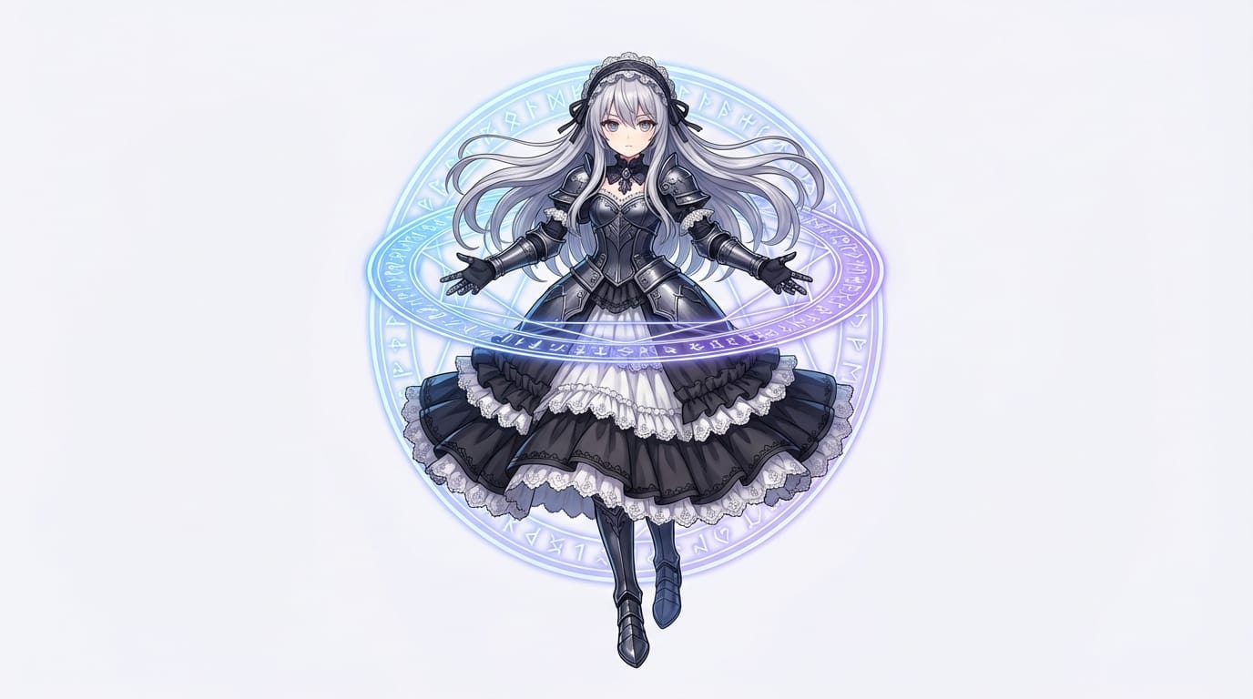 アニメ調の繊細なイラスト、全身の立ち絵。風になびく長い銀髪、多層的なフリルと装甲が組み合わさったゴシックドレスを着た少女。空中に浮かびながら魔法陣を展開している動的なポーズ、背景は透過しやすいシンプルな白、高解像度。