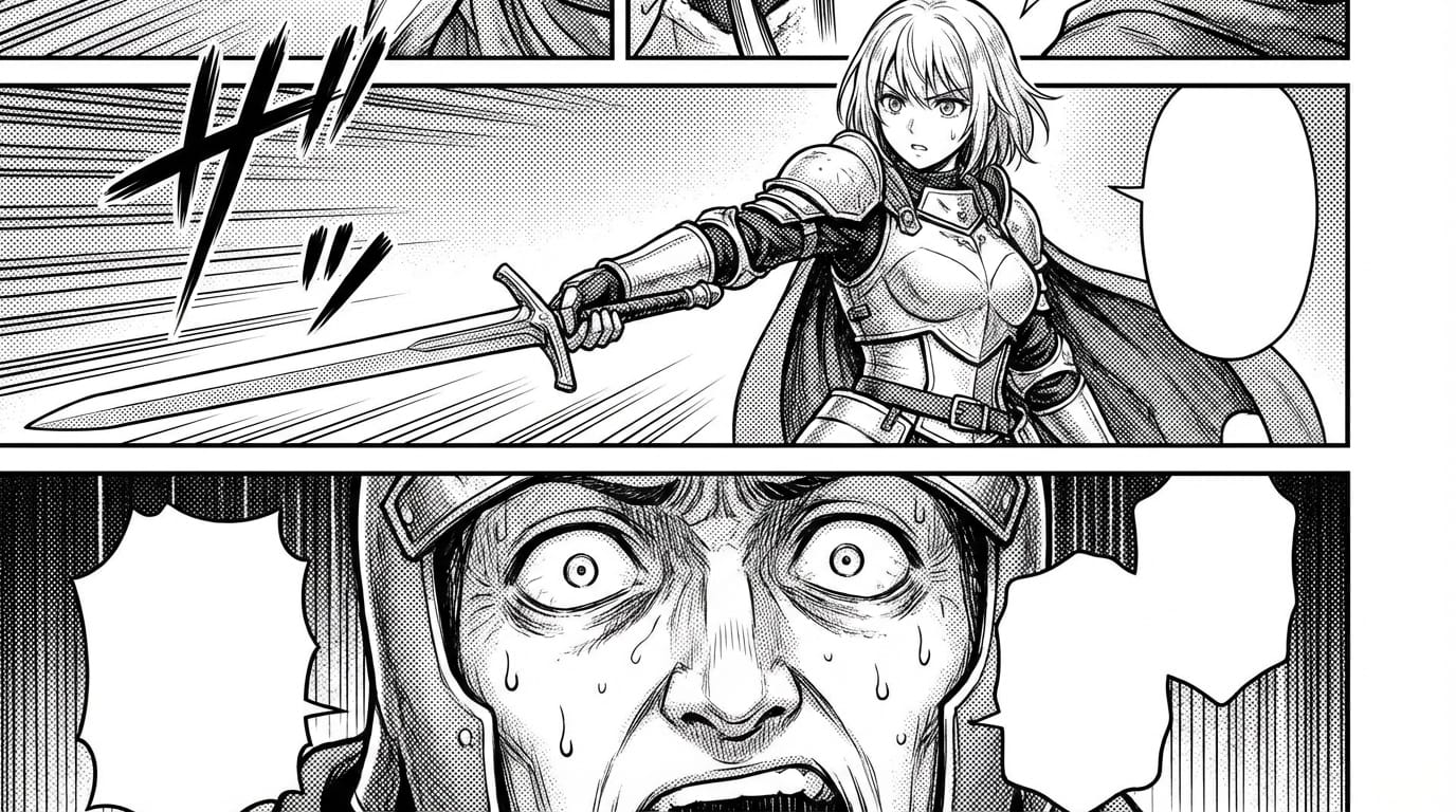 モノクロの日本の漫画スタイル、1ページのレイアウト、複数のコマ割り。上部のコマには剣を構えるファンタジー風の女性騎士、下部のコマには驚く敵のクローズアップ。空白のフキダシあり、スクリーントーン使用、アクションシーン。